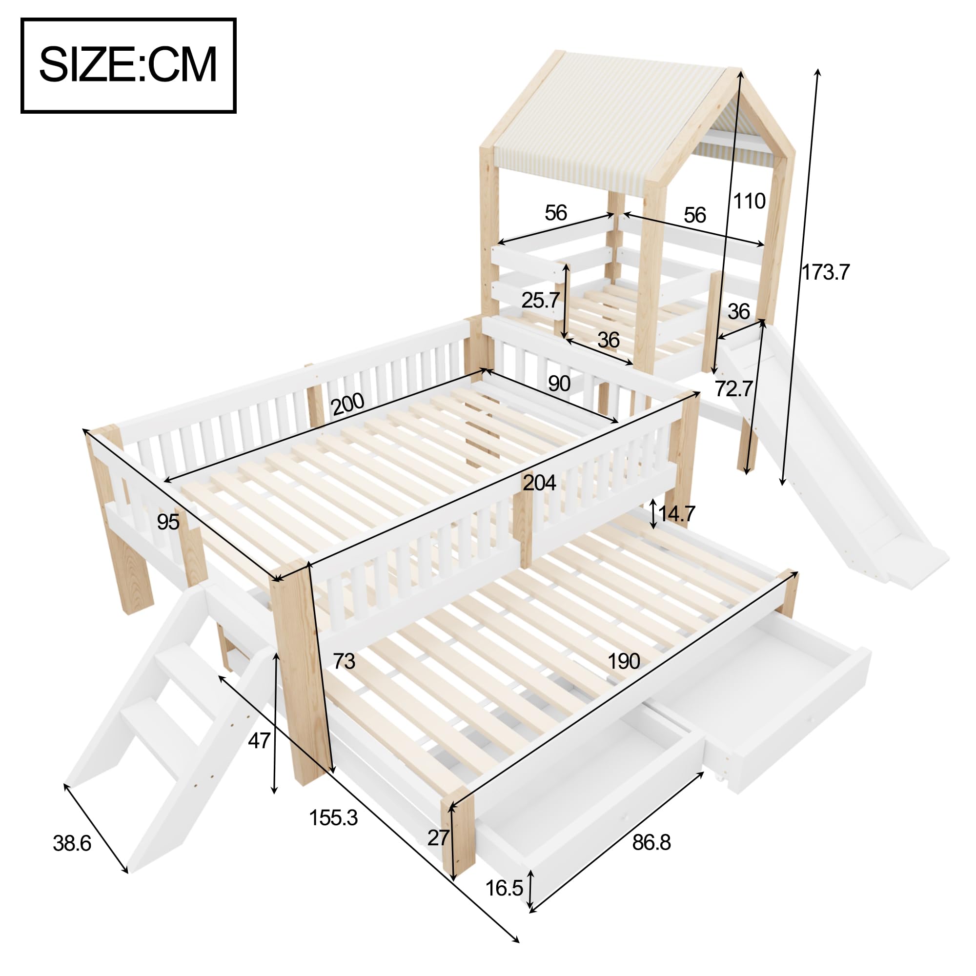 Haus-Kinderbett 90 * 200, Rutsche, Ausziehbett 90 * 190, seitliche Treppe, Schubladen, Massivholzrahmen, Stoffdach, Weiß + Rohholzfarben, Weiß+Natur(ohne Matratze)