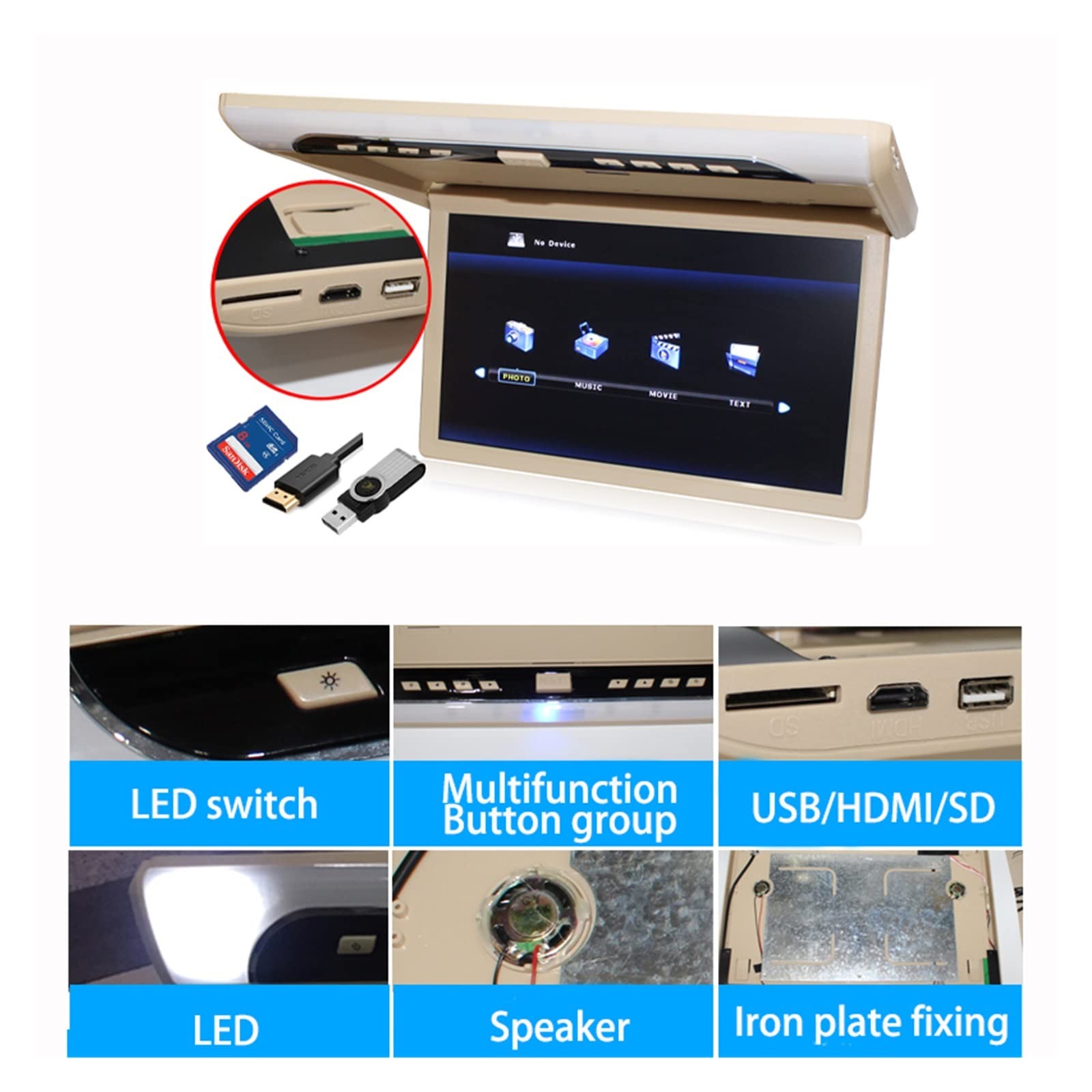 19 Cal samochodowy odtwarzacz wideo HD ekran LCD 1080P Monitor samochodowy wyświetlacz do montażu na dachu MP5 Auto telewizor sufitowy USB FM głośnik Link(19 inch Grey)