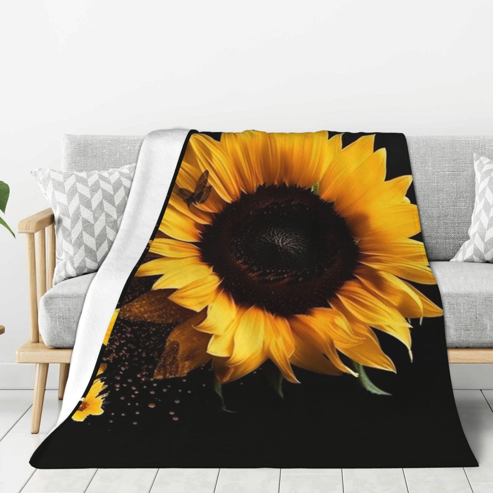 Sunflower On Black Background Throw Blanket Plush Flannel Fleece Blanket, Soft Lightweight Cozy Blankets 60"X50" for Bed Couch Sofa Travel