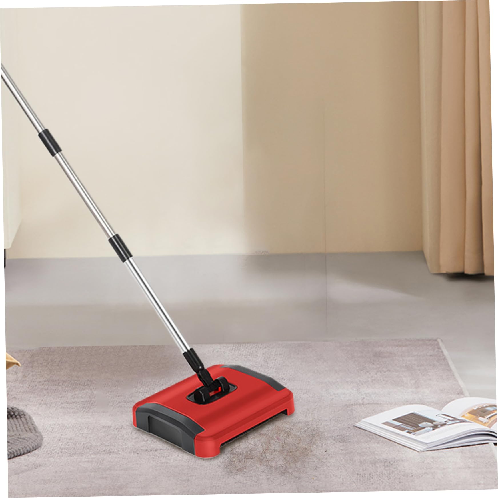 Balayeuse de tapis manuelle 3 brosses roulantes brosse de sol avec roues et grande poubelle nettoyeur de tapis détachable de 43 pouces pour poils d'animaux poussière débris balayeuse de sol bross