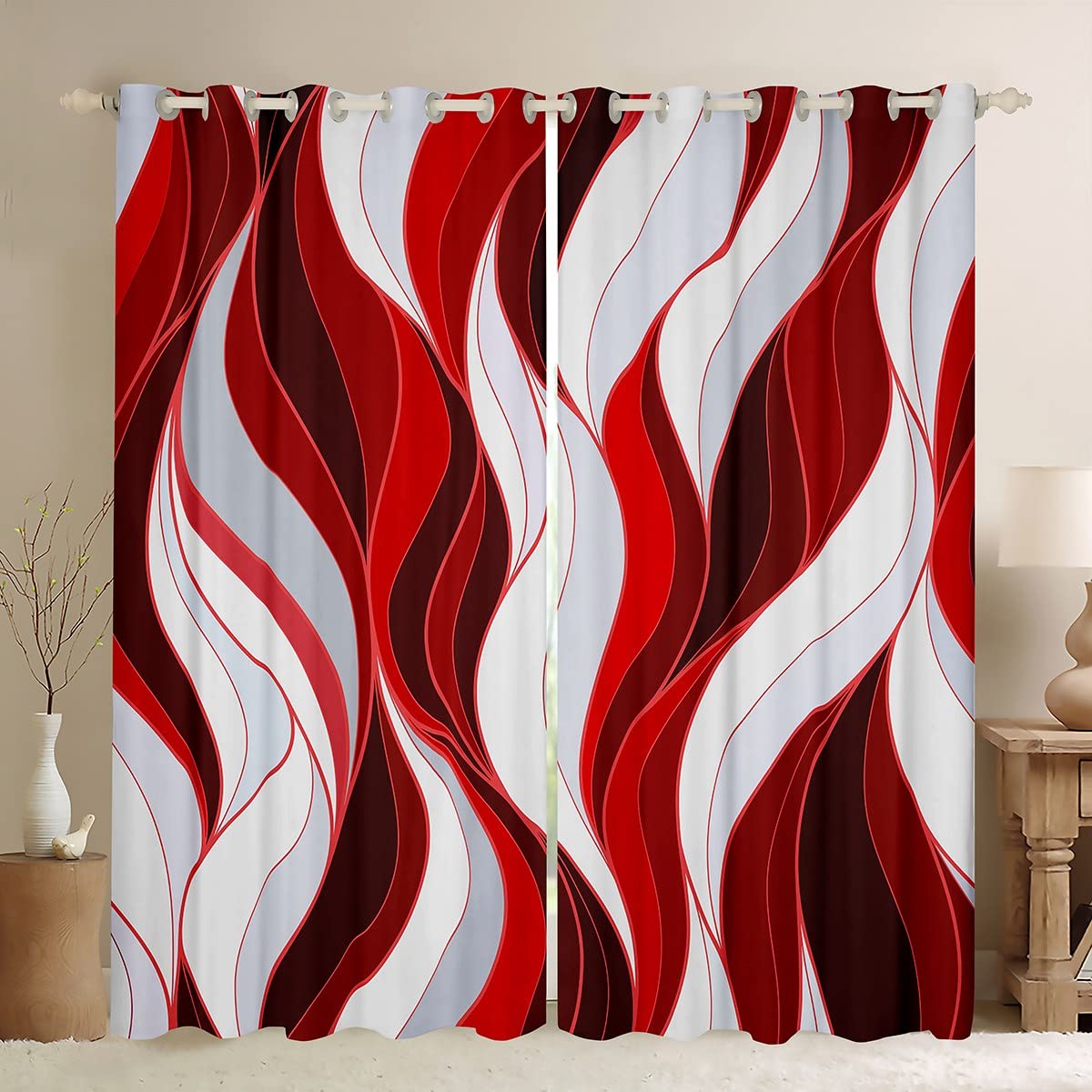 Loussiesd Geometric Red Stripe Window Curtains Stripe Swirl Line Blackout CurtainsGeometric Spiral Window Dreapes Stripe Swirl Line Window Treatments W66*L90