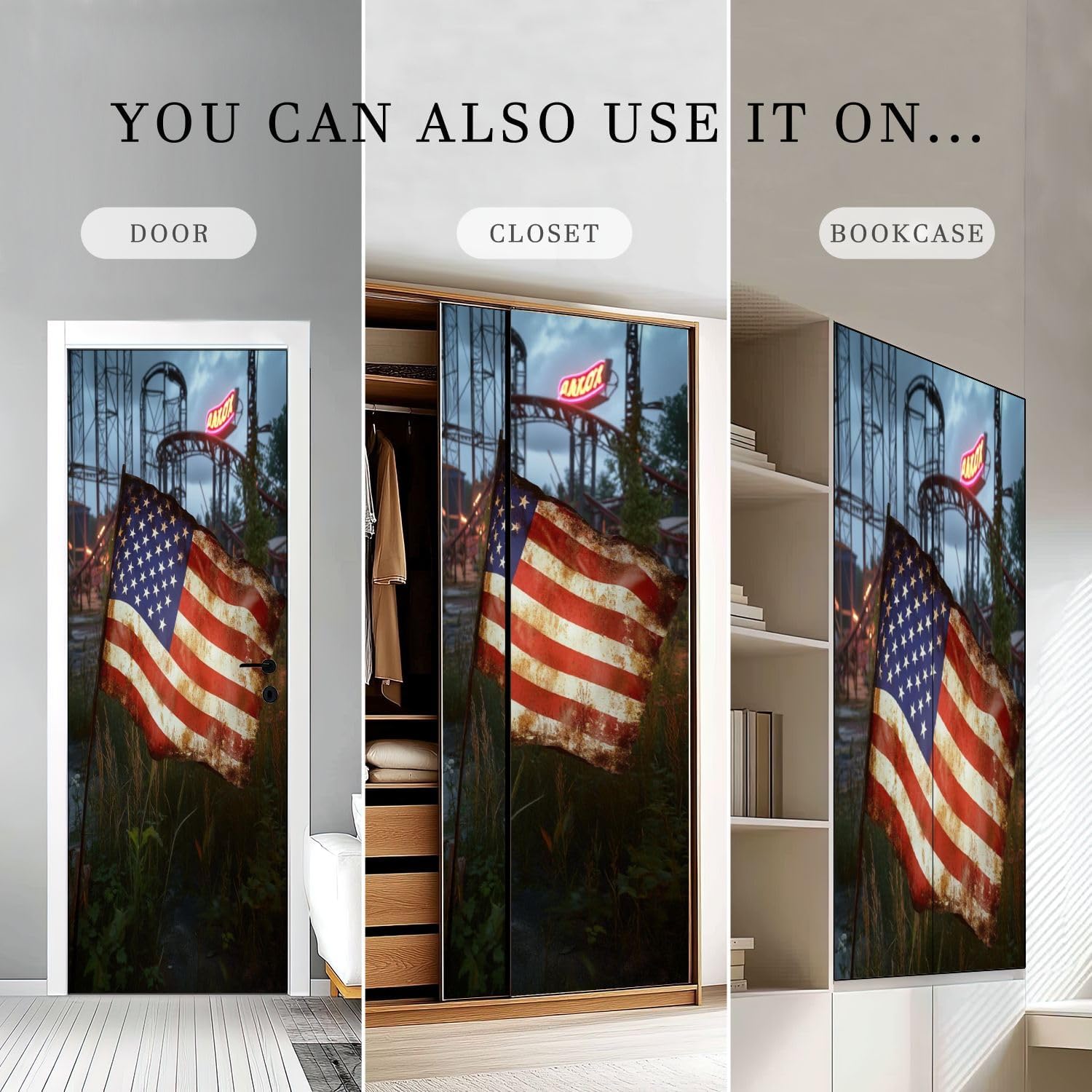 Self Adhesive Vinyl Refrigerator Wrap Set Haunting Art Old American Flag Abandoned Amusement Park Self Stick Door Mural Sticker Removable Refrigerator Wrap Decal Kitchen Bar Decor