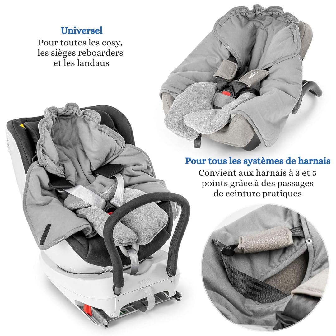 Zamboo Couverture Enveloppante Bébé Siège Auto avec Pieds - Nid d'ange Bebe Léger pour Cosy (par ex. Bébé Confort, Cybex, Römer) et Landau, Sac Inclus - Gris