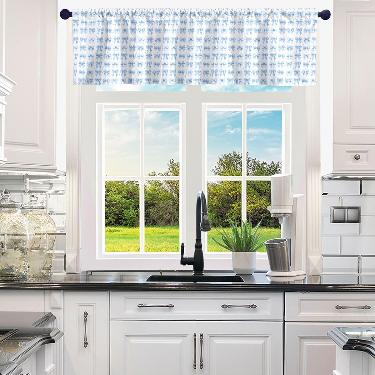 Feelyou Cute Blue Bow Valance Curtain 1 Panel 52"x18" for Living Room Bedroom Bathroom Kawaii Bow Tie Kitchen Valances Dreamy Princess Bowknot Window Treatments