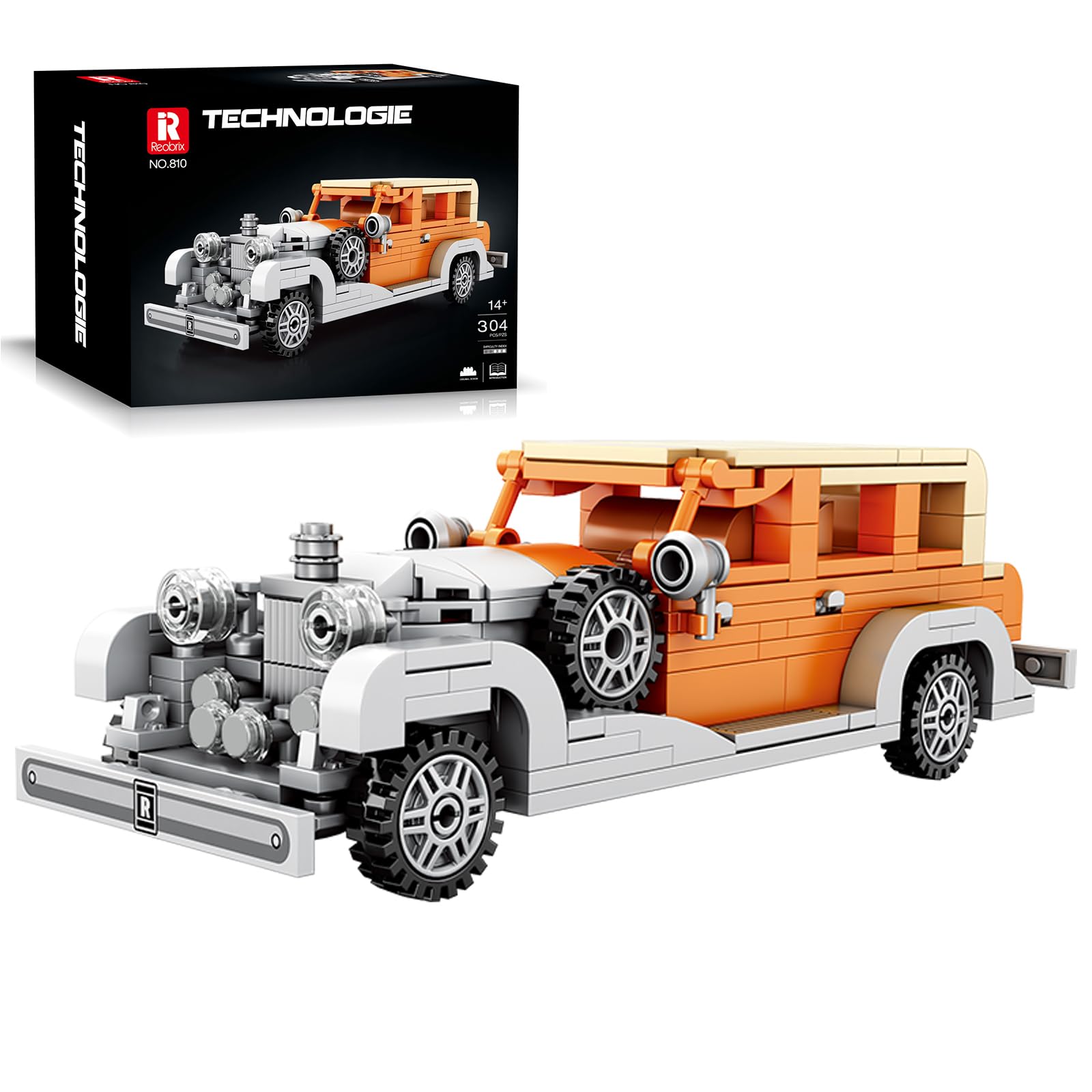 Reobrix 810 Rolls-Royce Phantom Toy Car Building Blocks, 1:24 Scale Model Car Kit for Display and Collectible, Vintage Car Building Toy for Boys and Adults, 304 Pieces