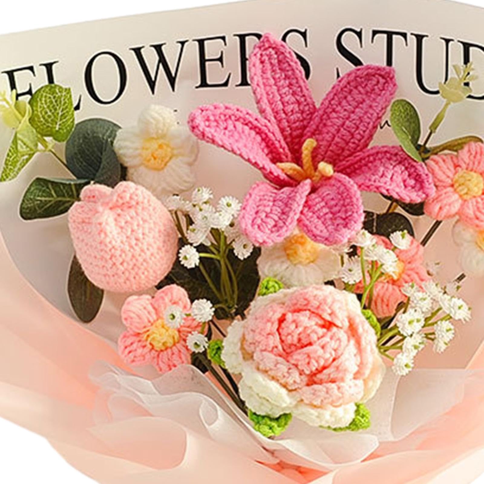 Gralara Gehäkelter Blumenstrauß, bereits hergestellter künstlicher Blumenstrauß, gestrickte Blumen für Zuhause, rosa Rosenblume