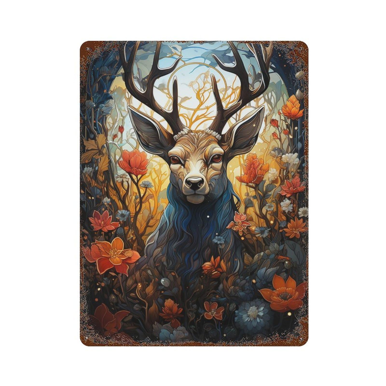 Weathered Tin Sign Magical Forest Deer Artwork 15.7"x11.8", Rustic Home Decor for Bistro, Counter And Cafe Decor