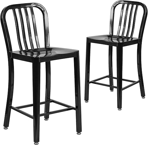 Flash Furniture Banqueta de metal, con altura para mesada, para interior o exterior, con listón vertical, color negro., Metal, Negro