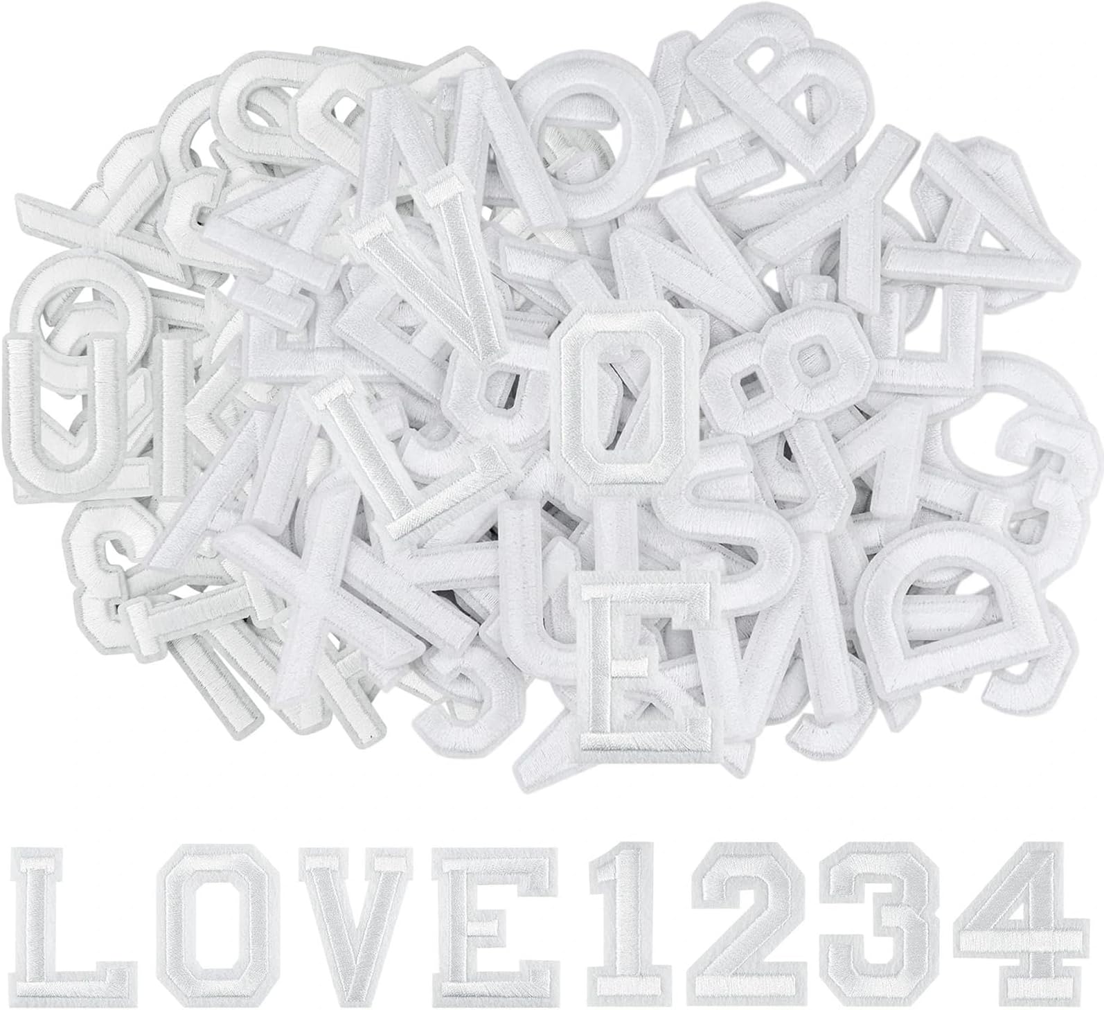 62 Pieces Iron on Letters and Numbers Patches Embroidered Sew on/Iron on Patches Alphabet A-Z, Numbers 0-9 Applique Fabric Letters for Clothes, Bags, Hat, Socks, Jeans, Shoes DIY (White)