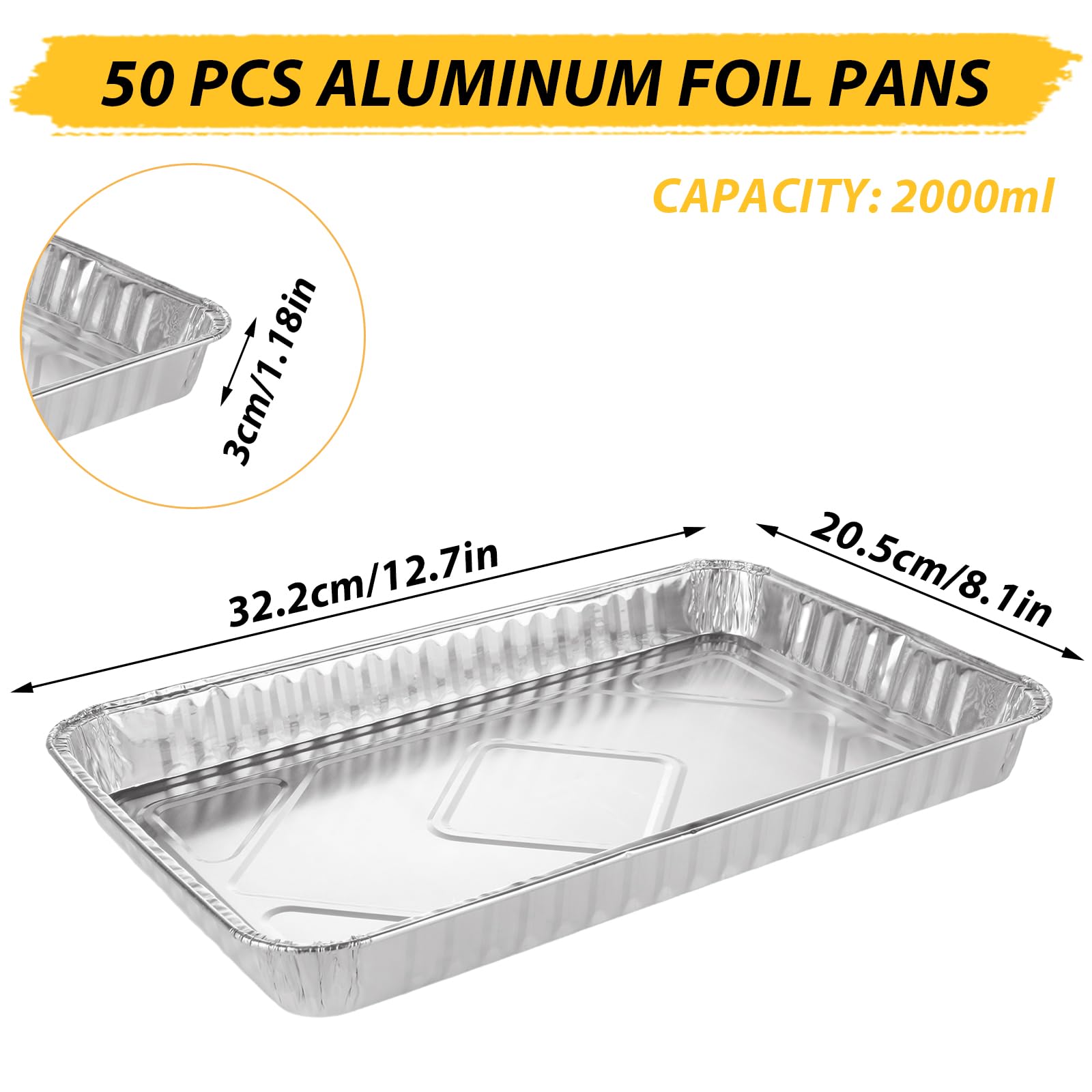 Paquete de 50 bandejas de aluminio desechables para hornear de 12.6 x 8 pulgadas, bandejas de papel de aluminio desechables, sartenes antiadherentes resistentes