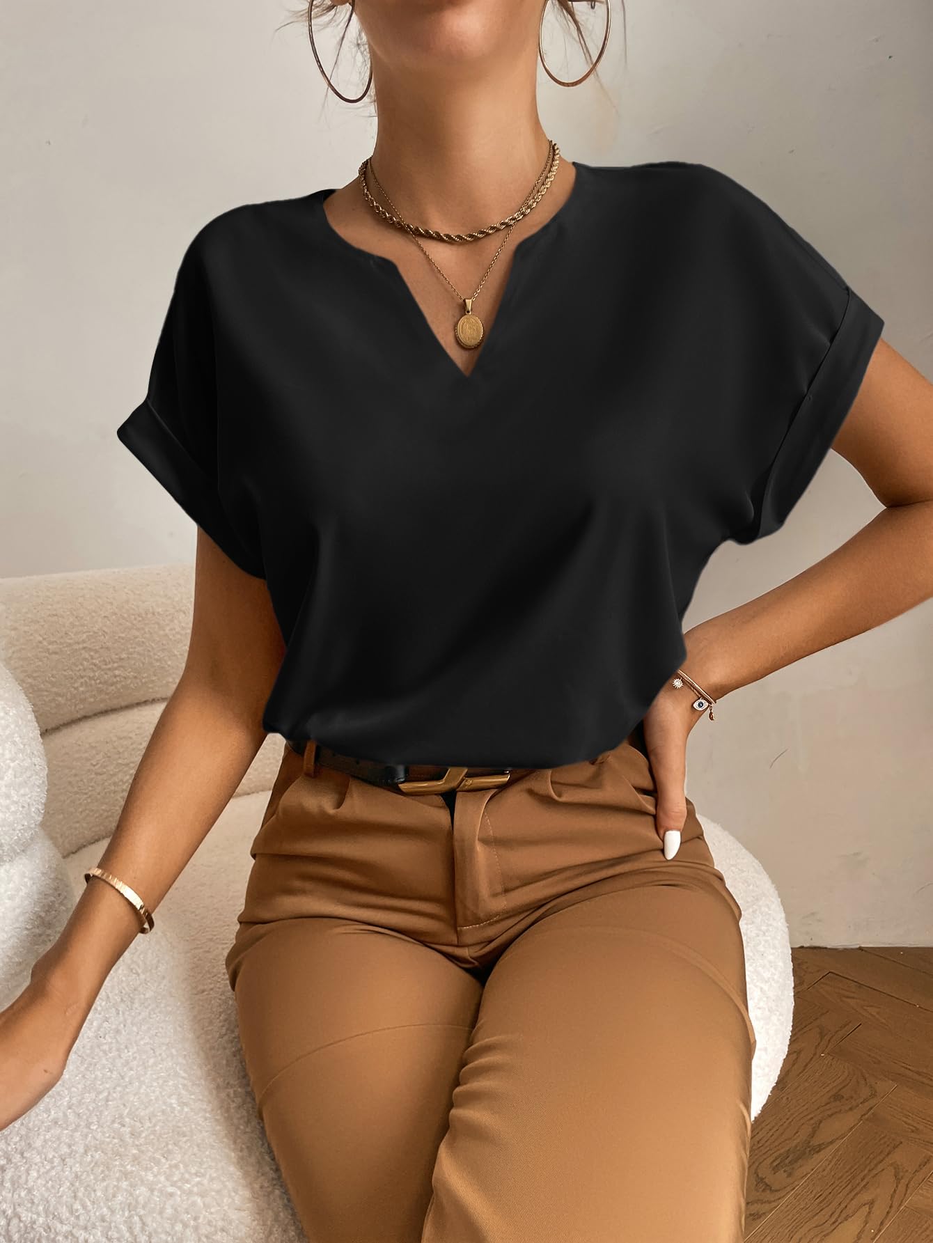 Floerns Blusa casual de seda satinada de manga corta para mujer