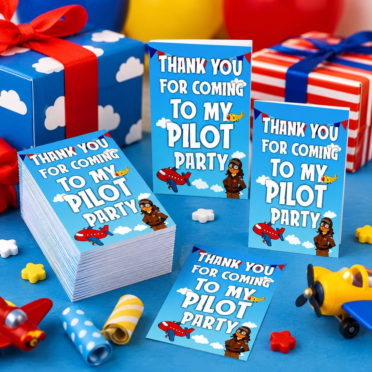Pilot Theme Happy Birthday Banner Aviation Party Decorations - Multicolor Kids Birthday Backdrop Bunting with Hanging Ribbon - Pilot & Sky Adventure Party Supplies (Thank you Cards - Pack of 20)-image-22