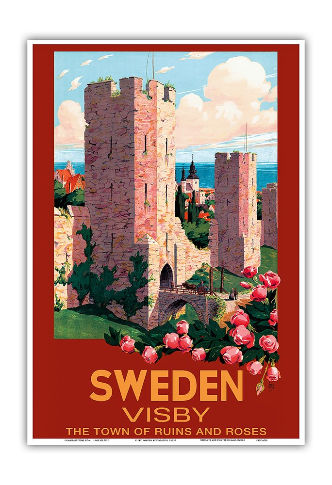 Pacifica Island Art Visby, Sweden - The Town of Ruins and Roses - City Wall - Vintage World Travel Poster by Ivar Gull c.1937 - Master Art Print 13" x 19" PRTC4729