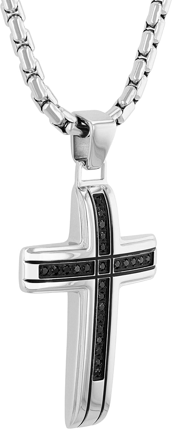 Men’s 0.25 CTW Black Diamond Cross Pendant Necklace in Stainless Steel with 24 Inch Rolo Chain, Modern Jewelry Gift for Him - Image 4
