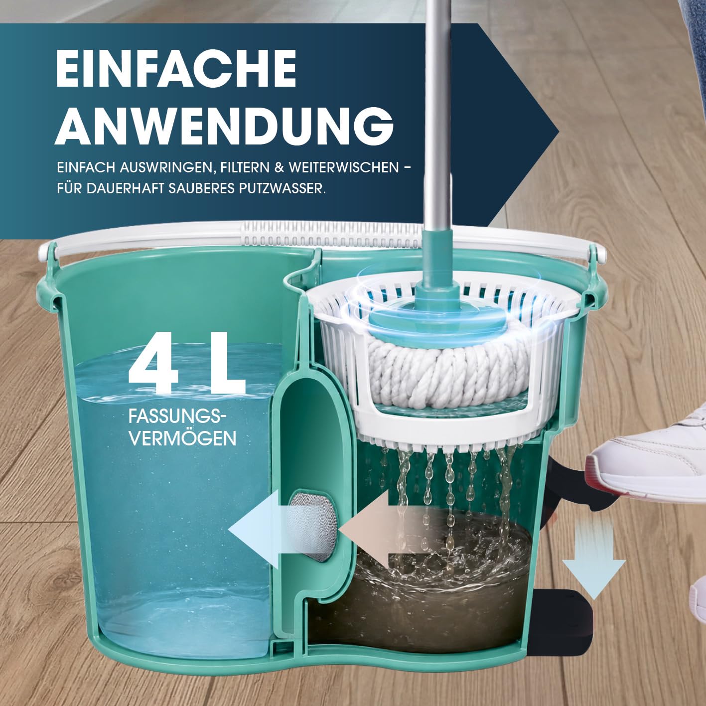 CLEANmaxx Power-Wischmopp mit Zwei-Kammer-Filtersystem | Designed in Deutschland - Schmutzwasser wird gefiltert, leichtes Auswringen für streifenfreie Sauberkeit | Ideal für Laminat, Parkett & Fliesen