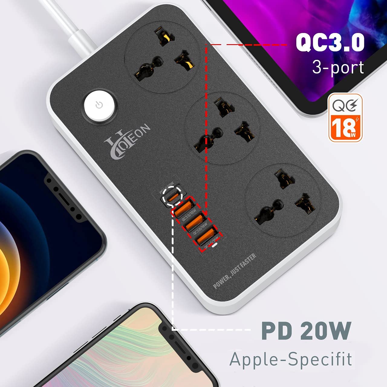 Hoteon Extension Board, Power Strip with 20W Fast PD/Type C, 2500W 10A Extension Cord with 3 Universal Socket, 38W USB Fast Charging Ports, 3-Pin Surge Protection for Home Office 250 Volts Black image_3