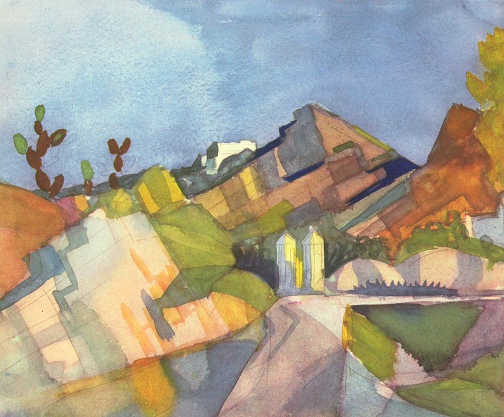 Mountains de August Macke: lámina decorativa mate con marco de madera marrón