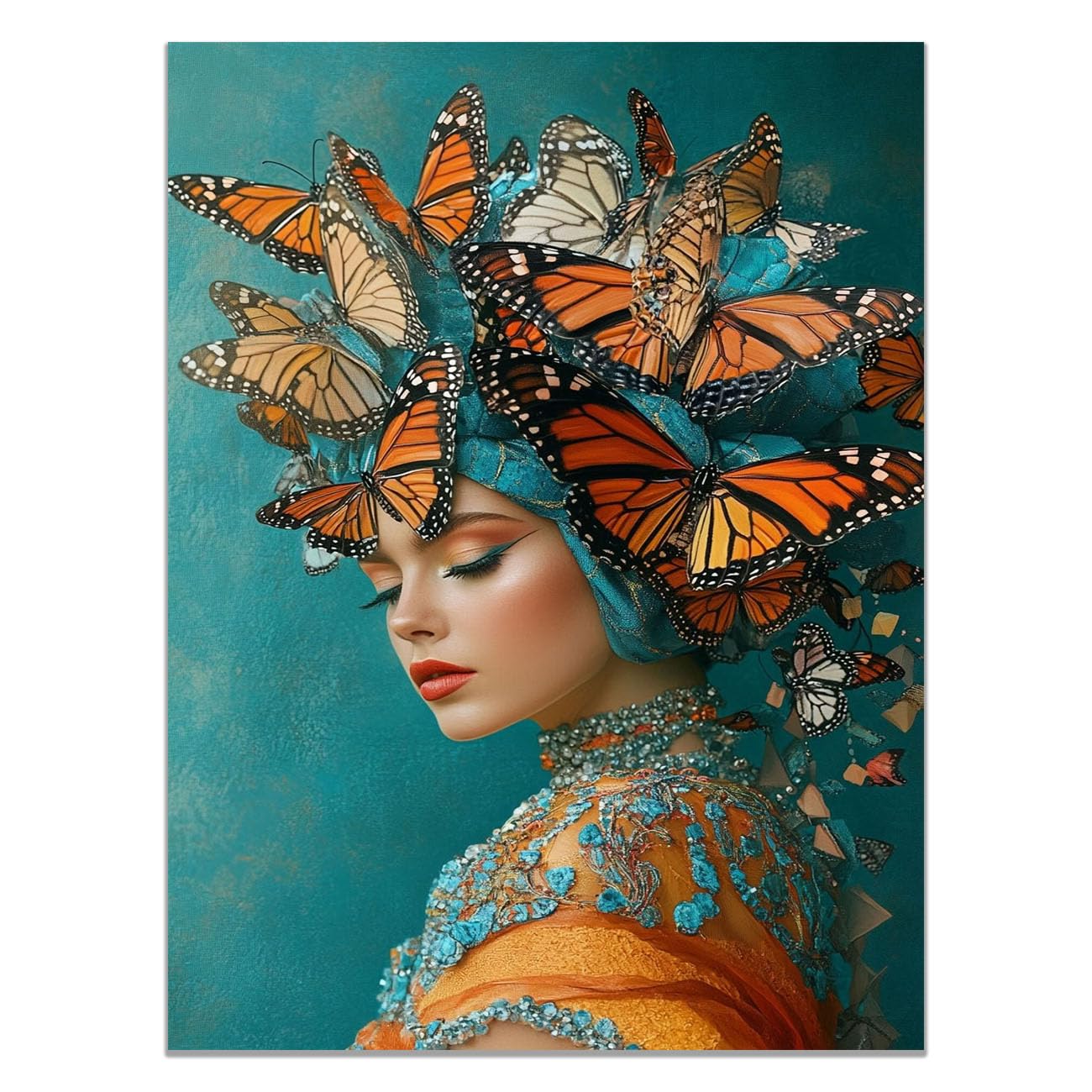QUSAAOU Fashion Portrait Canvas Wall Art Lady Monarch Butterfly Headpiece Portrait For Living Room Bedroom African American Decor For Home Afro Woman Poster And Prints(teal)-60x90cm1 Unframed
