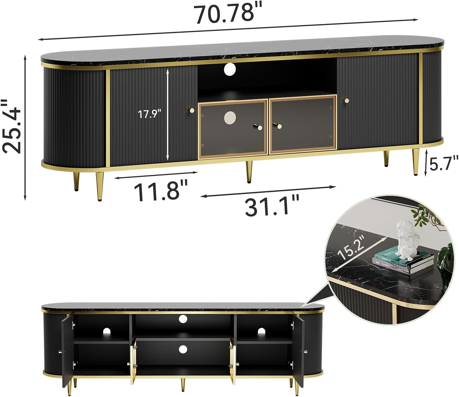 Luxury 70" Fluted TV Stand with Storage, Modern Entertainment Center for TVs Up to 80”, TV Console with Faux Marble Tabletop and Glass Door, Curved Edge Design, Media Console for Living Room, Black