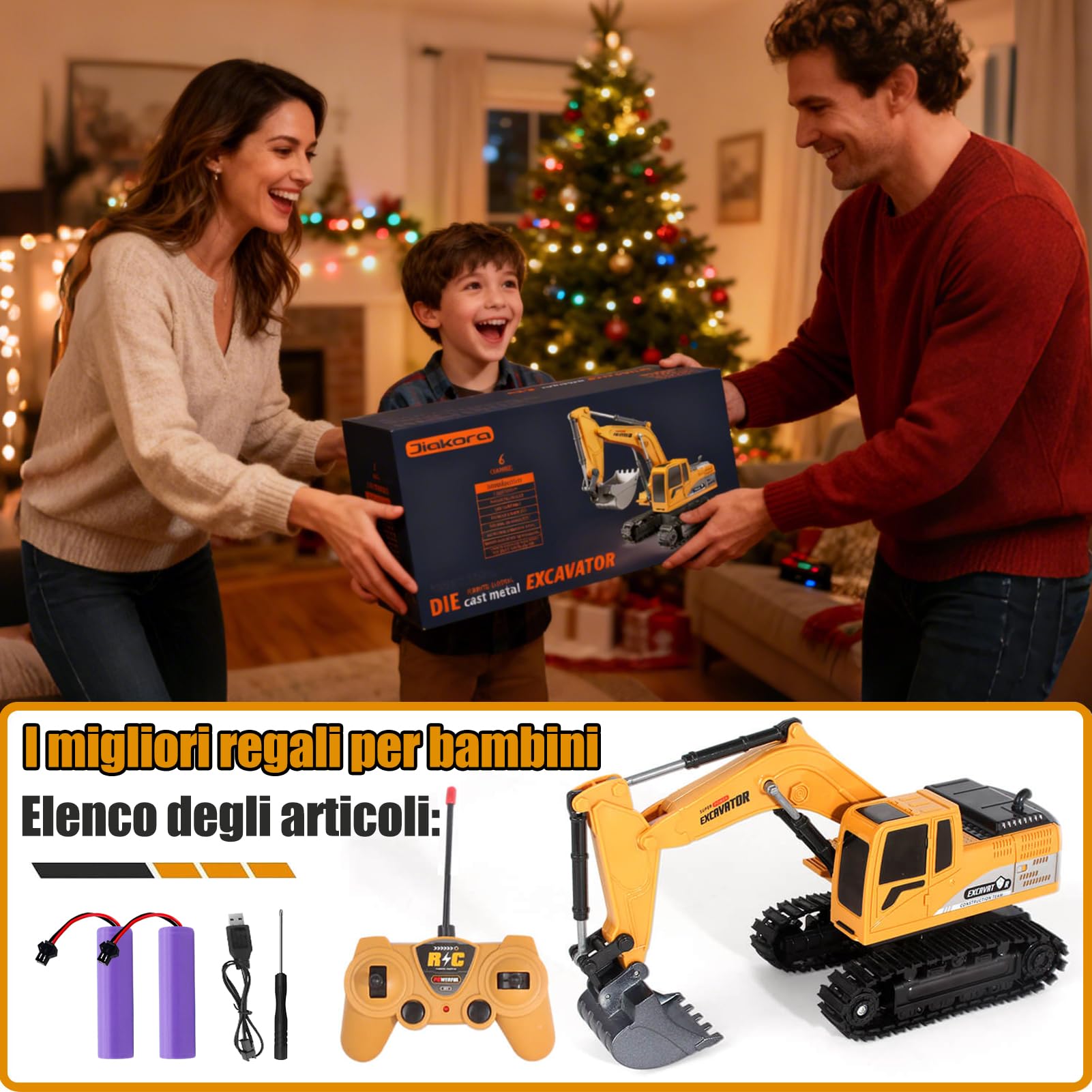 Jiakora Escavatore Telecomandato per Bambini, Escavatori Radiocomandato con Spalletta in Metallo, Escavatore giocattoli per Ragazzi con luci e Suoni, Sand Digger Regali per Bambini dai 4-8 Anni