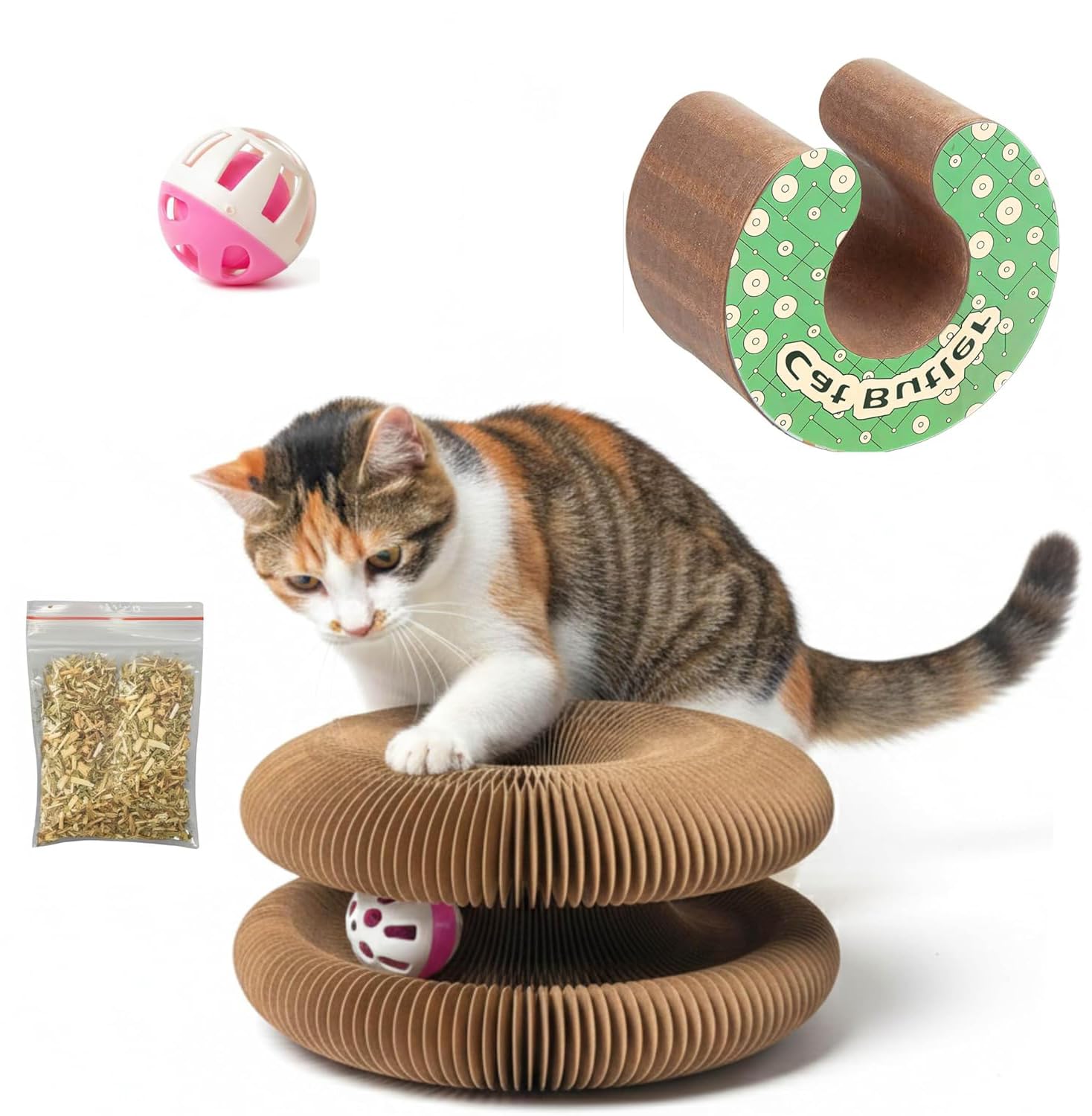 PRADICHI Cat Scratcher Toy with Rolling Bell Ball - Honeycomb Foldable Cat Toy - Includes Catnip โ image 1