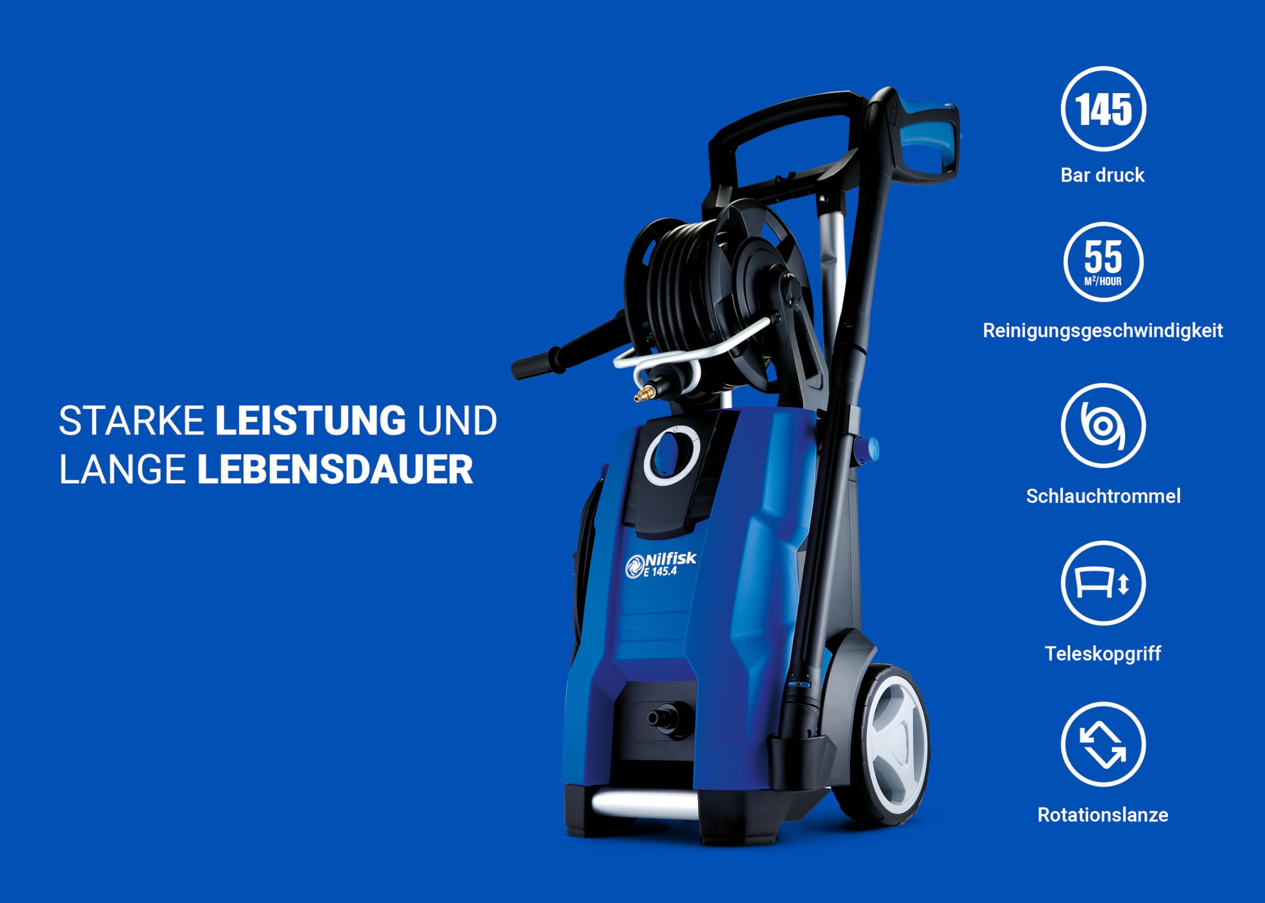 Nilfisk Hochdruckreiniger E 145 Bar Druck + Schaumsprüher + Flächenreiniger + Bürste + Rohrreinigungs-Set (2100 W)