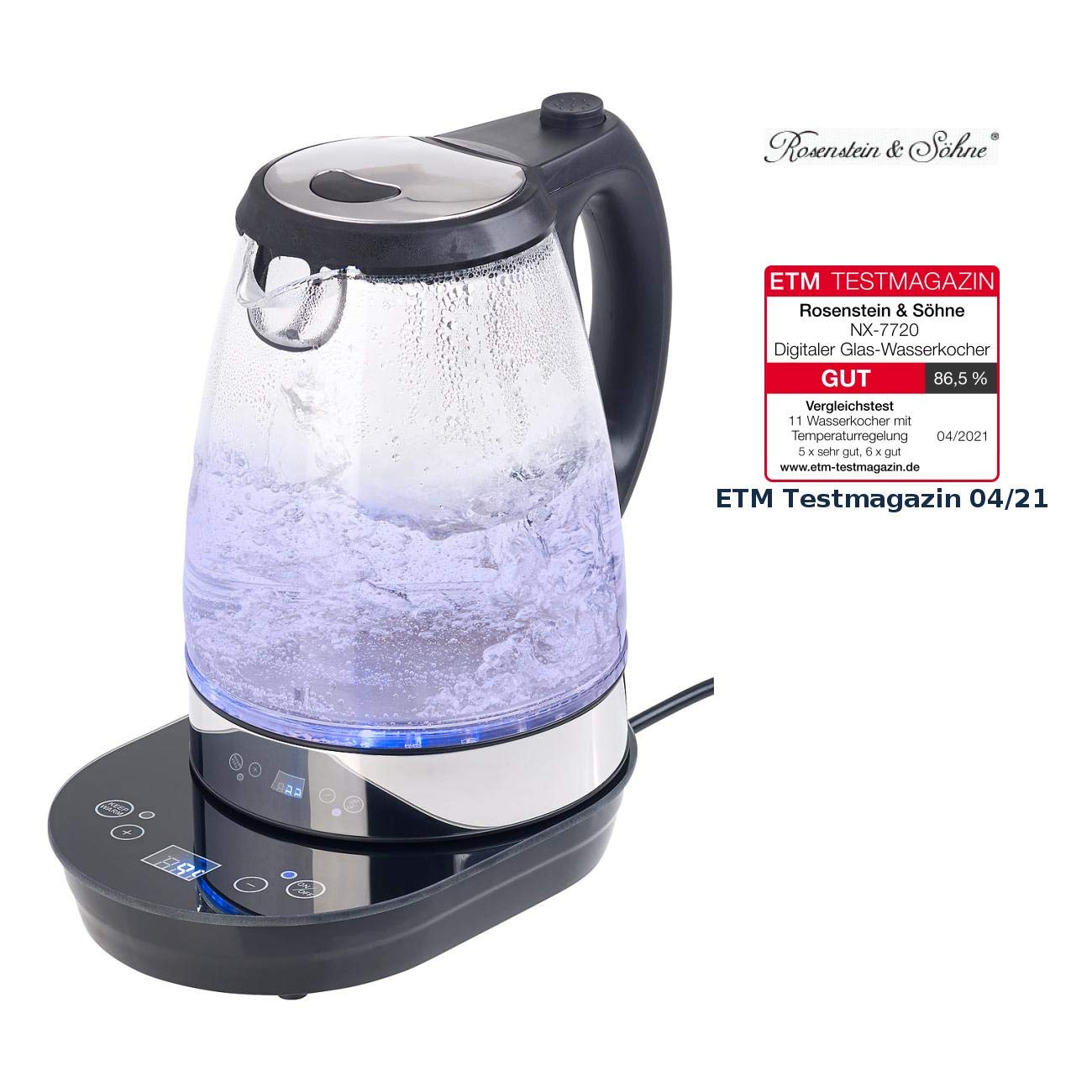 Rosenstein & Söhne bollitore in vetro: Digital Glass- Bollitore con selezione della temperatura, 20-100 °C, 2.200 Watt (con LED, indicatore di temperatura, cucina)