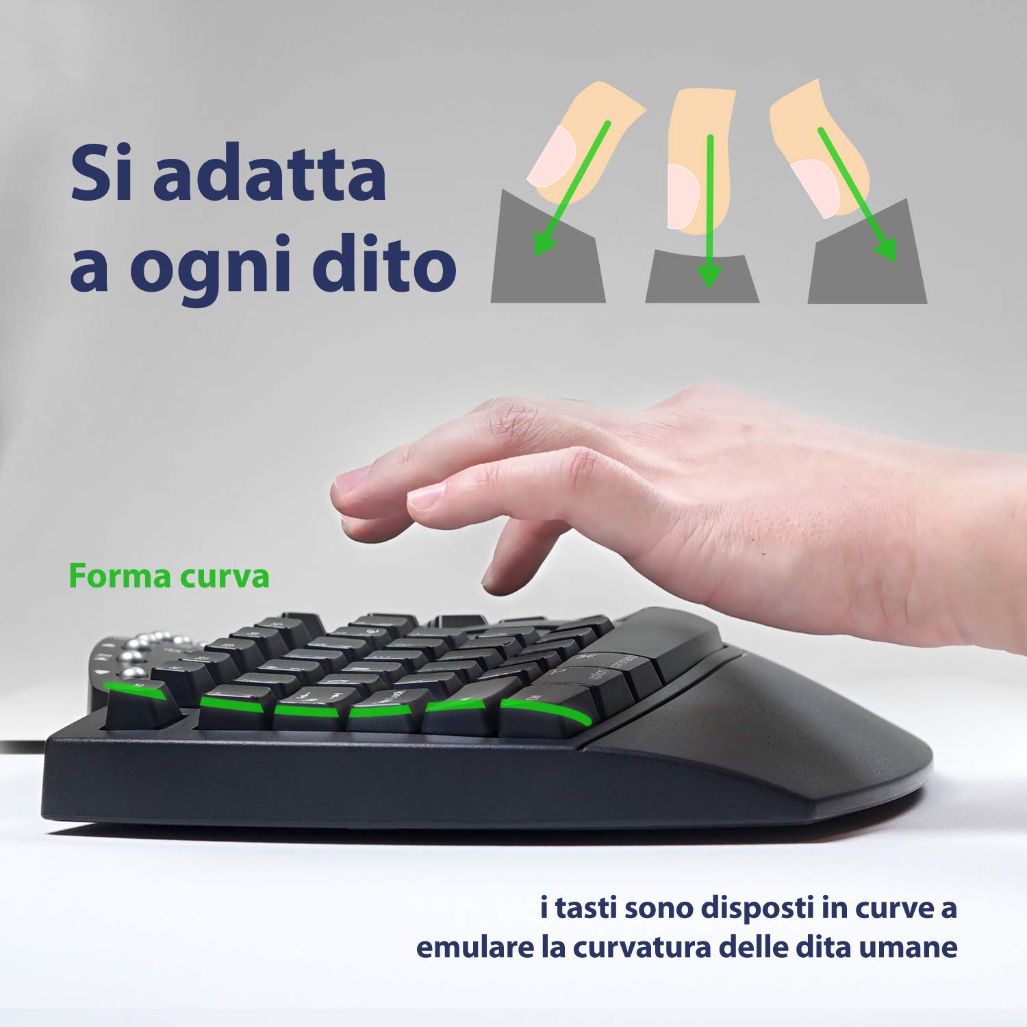 Perixx PERIBOARD-512 Tastiera Split Ergonomica Cablata USB, Design Suddiviso, con 7 Tasti Multimediali e Poggiapolsi Incorporato, QWERTY Italiana, Nera