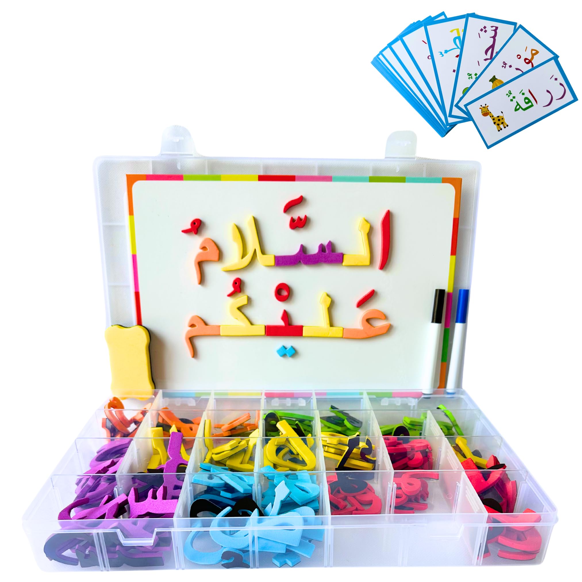 Colorful Arabic Magnetic Letters with Magnetic Board & Storage Box - 2-in-1 Educational Toy Set for Preschoolers (Includes 2 Markers, 1 Eraser, & 20 Flash Cards)