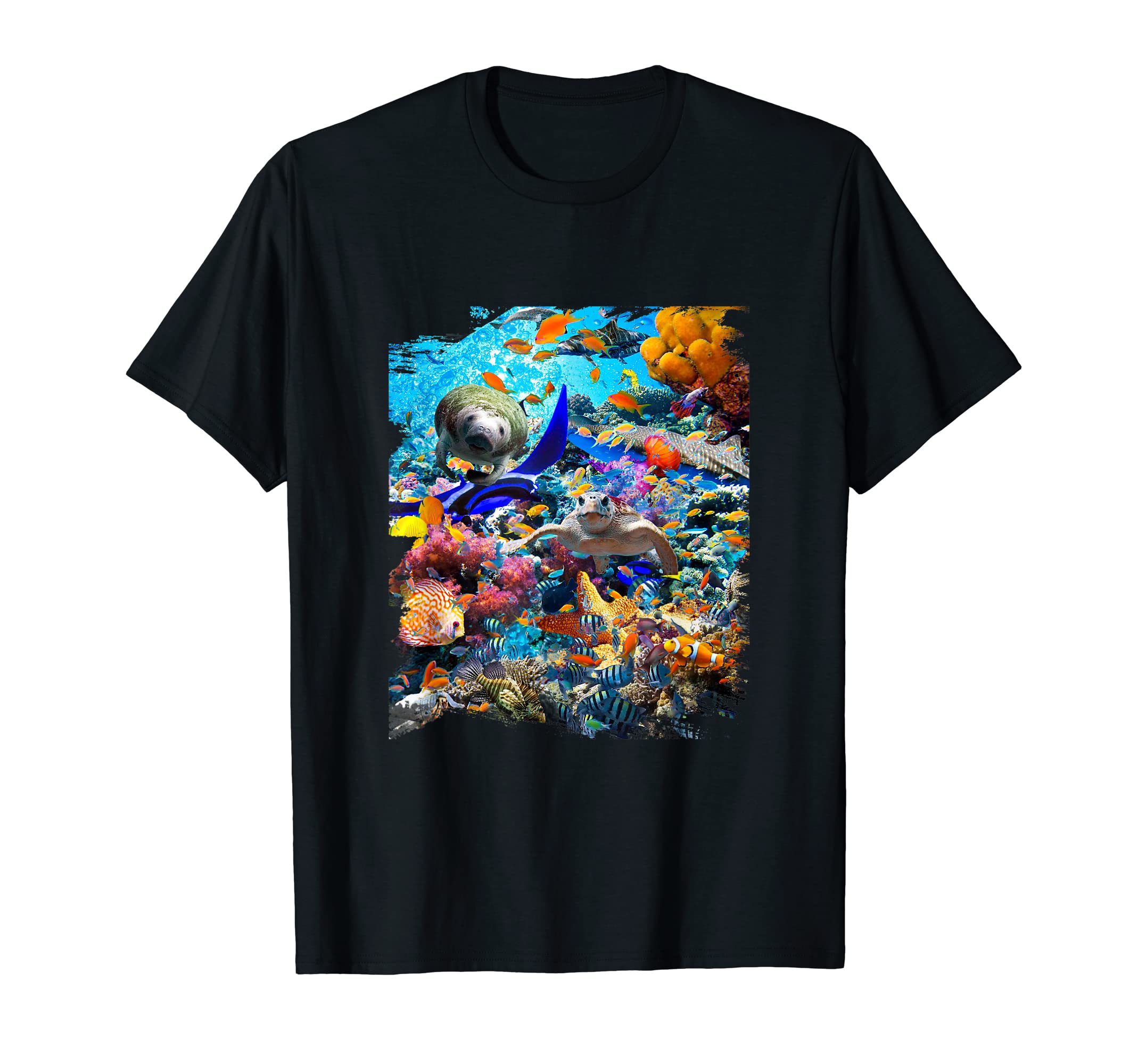Ocean Dolphin Shark Turtle Coral Sea Fish Orca Whale Reef T-Shirt, Black