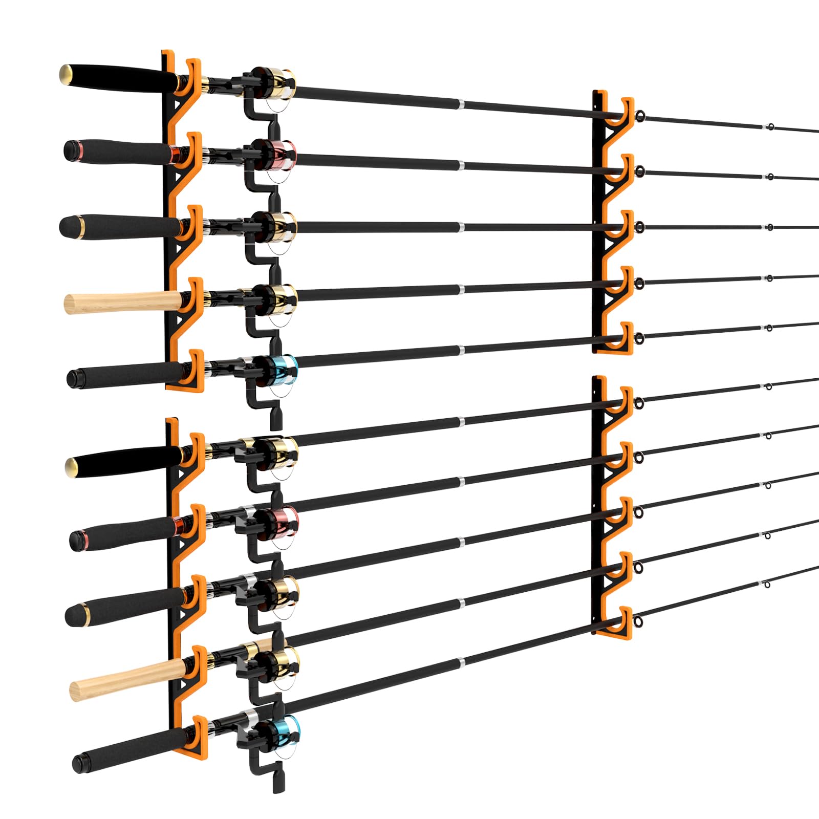 tonhui 2 Pack Horizontal Fishing Rod Holders for Garage Wall & Ceiling, Anti-Scratch Soft PU Grip Rod Rack, 40mm Fishing Pole Storage Organizer, Wall Mount Hanger for 10 Rods (Black/Yellow)