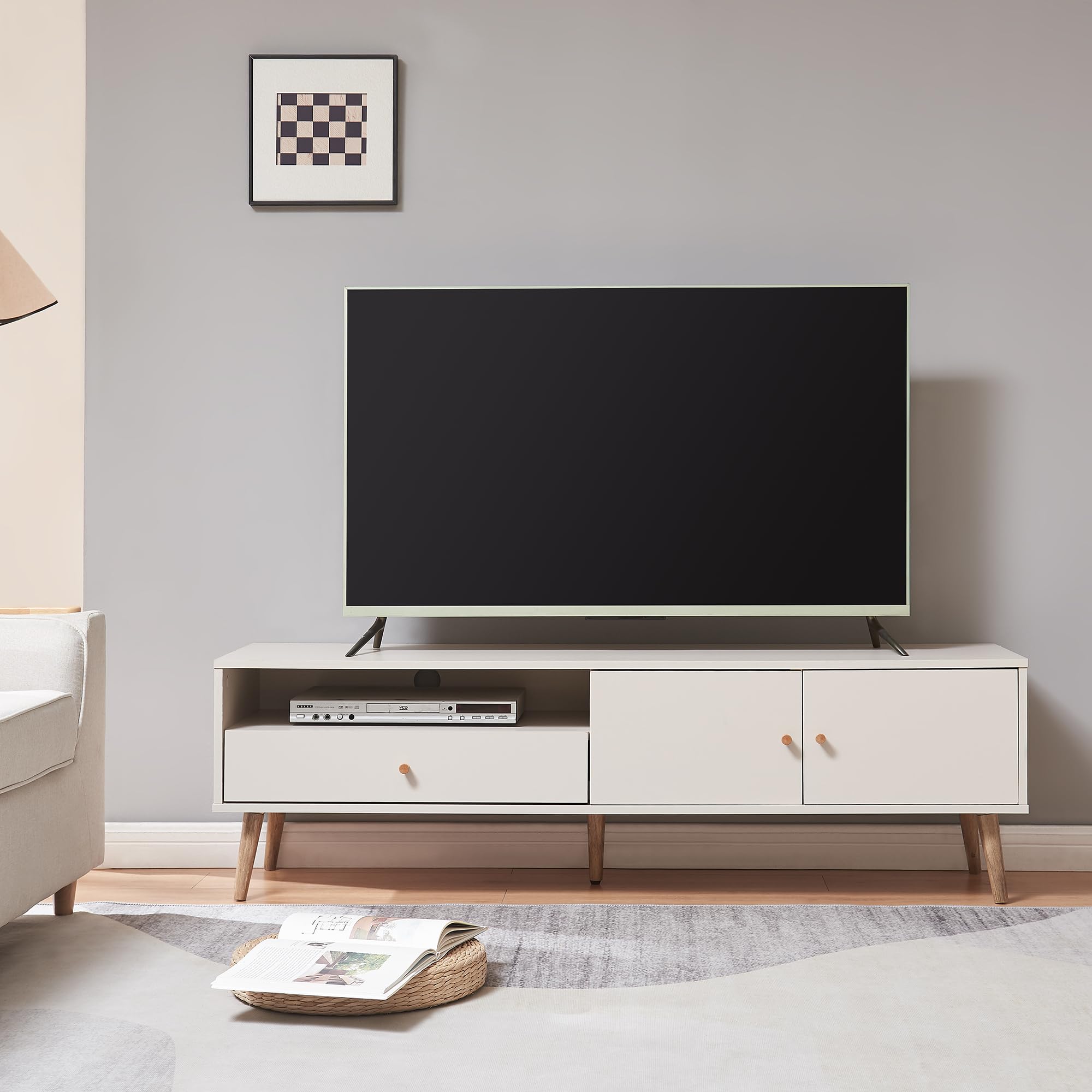 [en.casa] Mobile Porta TV con Cassetto Scomparto Aperto Vano Chiuso 2 Ante Mobile Basso di Archiviazione Stand Centro Multimediale per Soggiorno Salotto 150x39x45 cm - Grigio chiaro