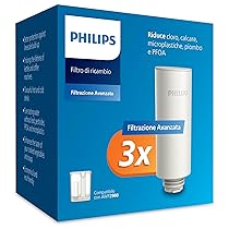 Philips Water Cartuccia filtrante istantanea – Filtrazione Avanzata, confezione da 3 pezzi, riduce CLORO, PIOMBO, PESTICIDI e MICROPLASTICHE, flusso rapido 1 L, min