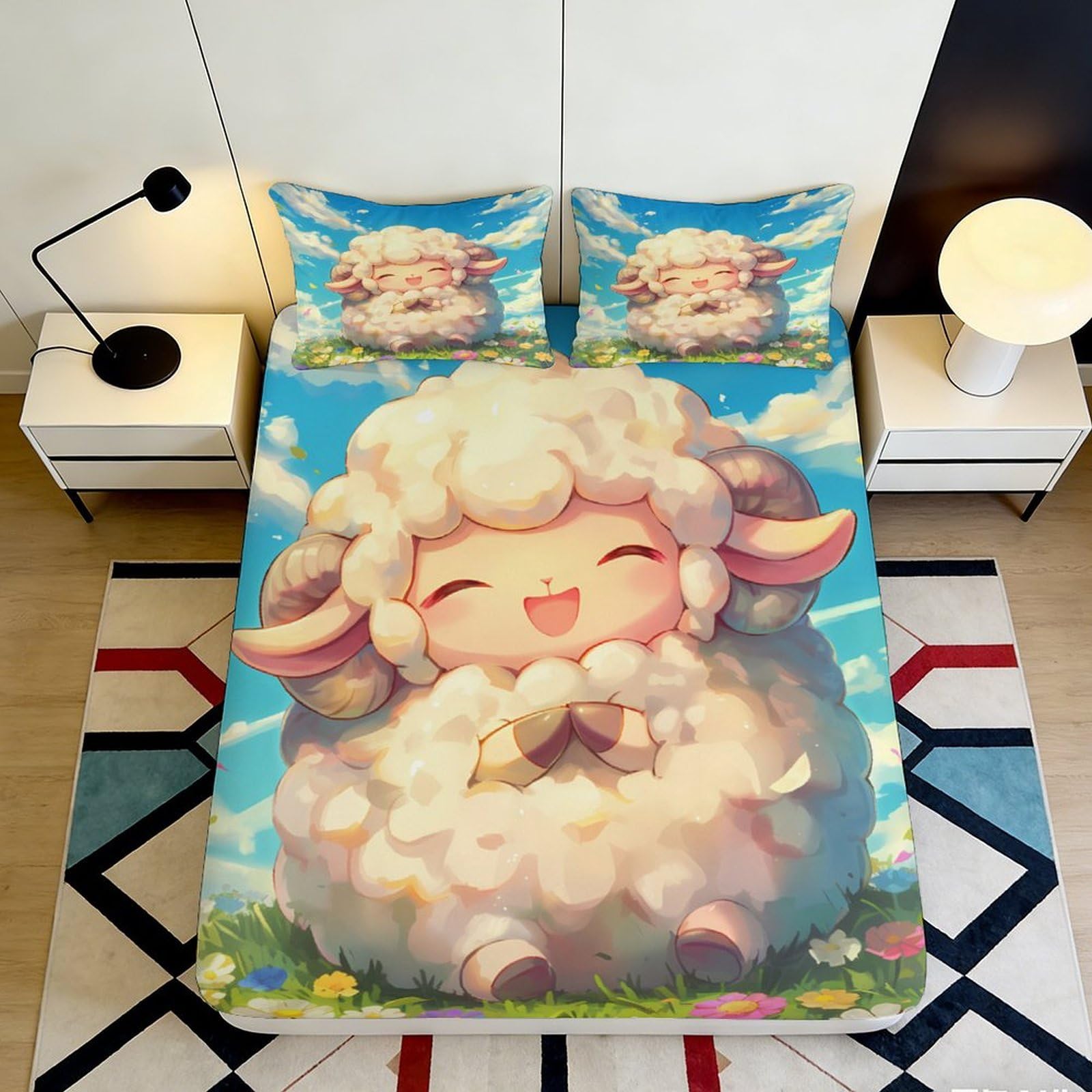 3D Printed Cute Cartoon Sheep Fitted Sheet Microfiber Soft Breathable Happy Lamb Bed Cover for Bedroom Dormitory Guest Room Mattress Protection 180x200x25cm