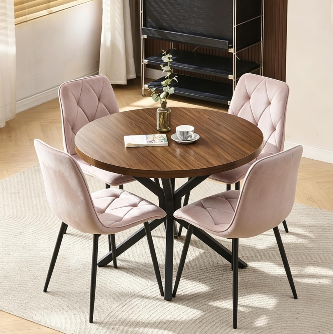 Menaka Round Dining Table and Chairs Set of 4 for Kitchen Diner, 5 Pieces Oak Wood Table with 4 Chairs for Compact Dinette Restaurant (4 argyle grid pink velvet chairs, 95cm Walnut Brown Table)