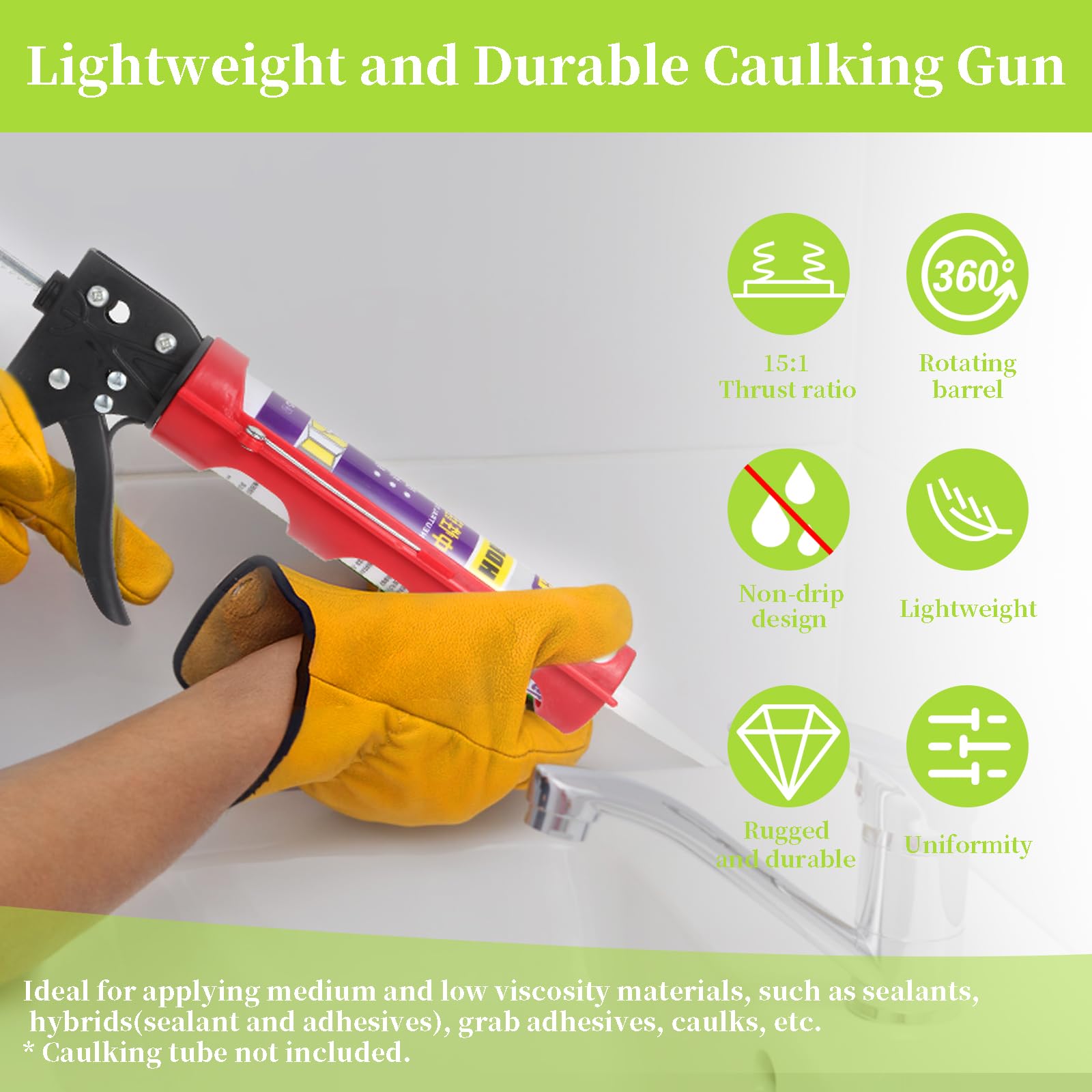 Ubrvhrt Drip-Free Caulking Gun Ratchet Rod Silicone Gun Sealant Dispenser Joint Grouting Gun 15:1 Thrust Ratio Labor-Saving Lightweight Nylon Frame Cartridge Gun for 10oz/300ml Standard Caulk Tubes - Image 2