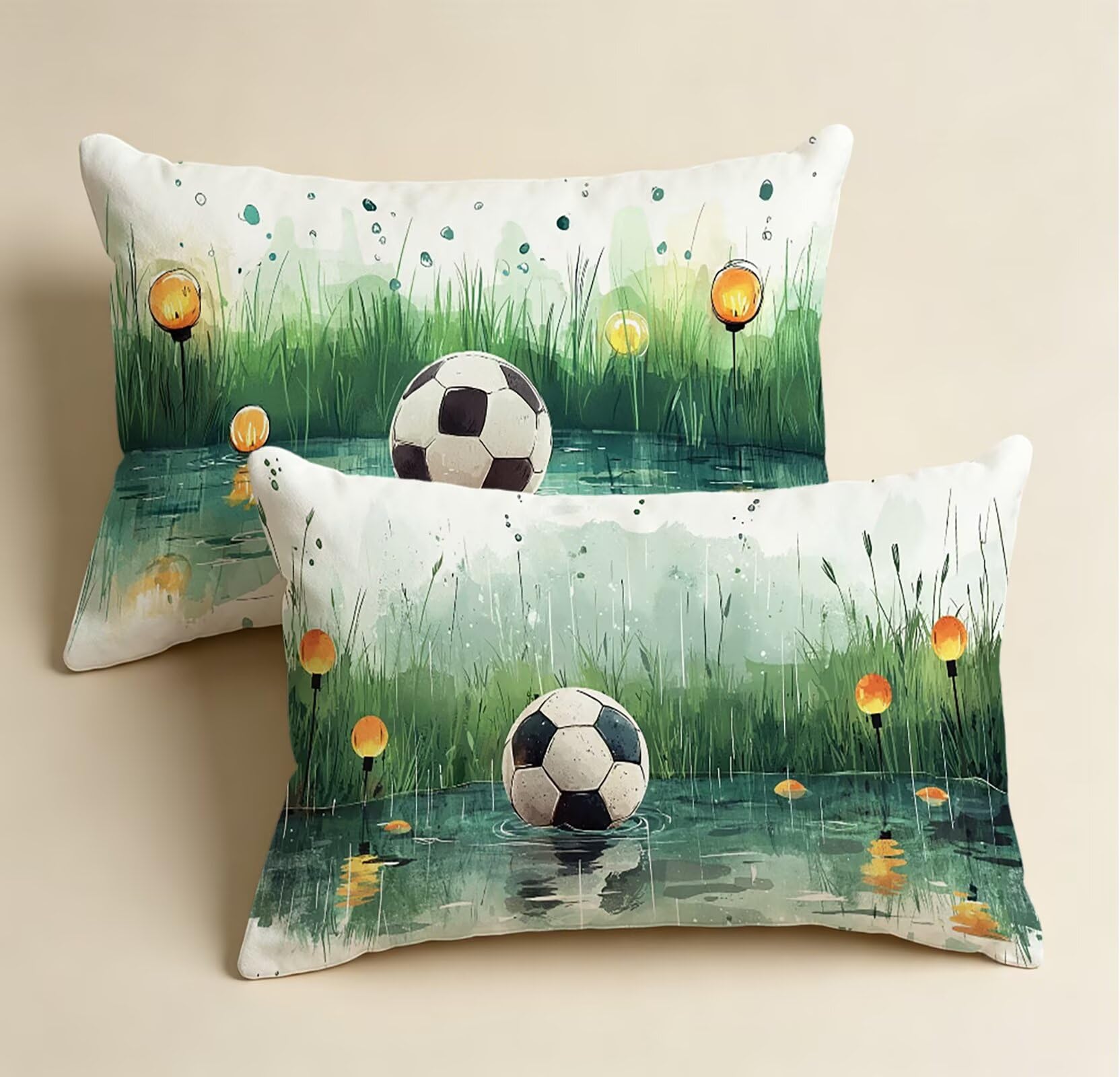 GrüN Kissenbezug 60x80 FußBall Kopfkissenbezug 2er Set,Wohnaccessoires & Deko,Weich und Atmungsaktiv Samt Stoff mit Verstecktem Reißverschluss für Bett Sofa Kissen Dekokissen-85607