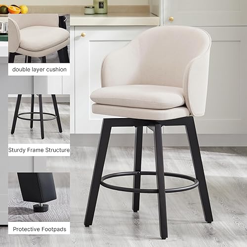 Miniatura 4 de Taburetes de bar giratorios tapizados de 26 pulgadas con respaldo y patas de madera para isla de cocina, juego de 2, tela beige
