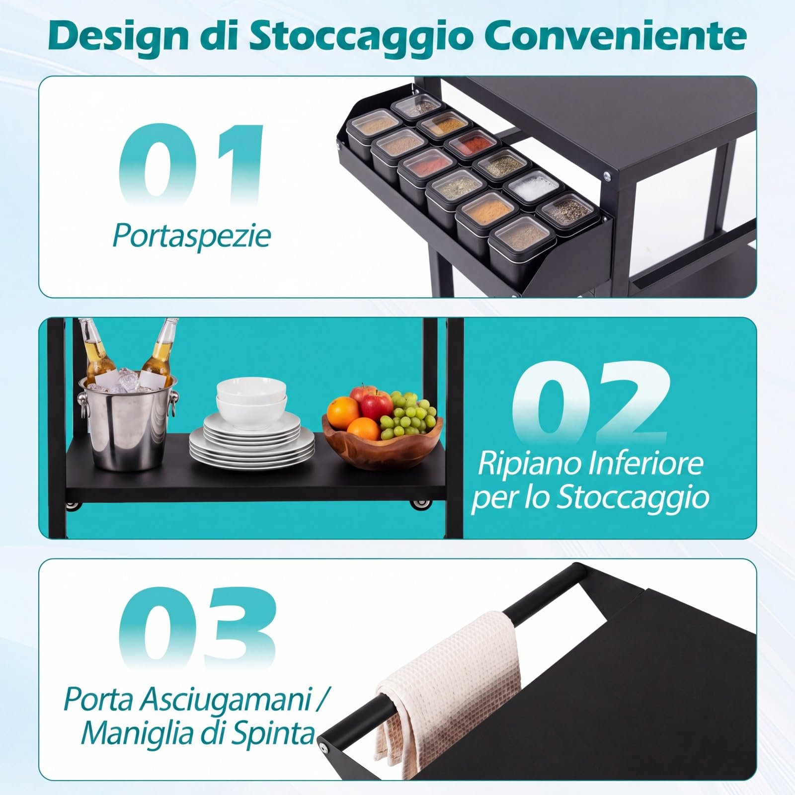 COSTWAY Carrello per Barbecue 4 Ruote, Carrello Cucina da Esterno BBQ Metallo 100x80x45 cm
