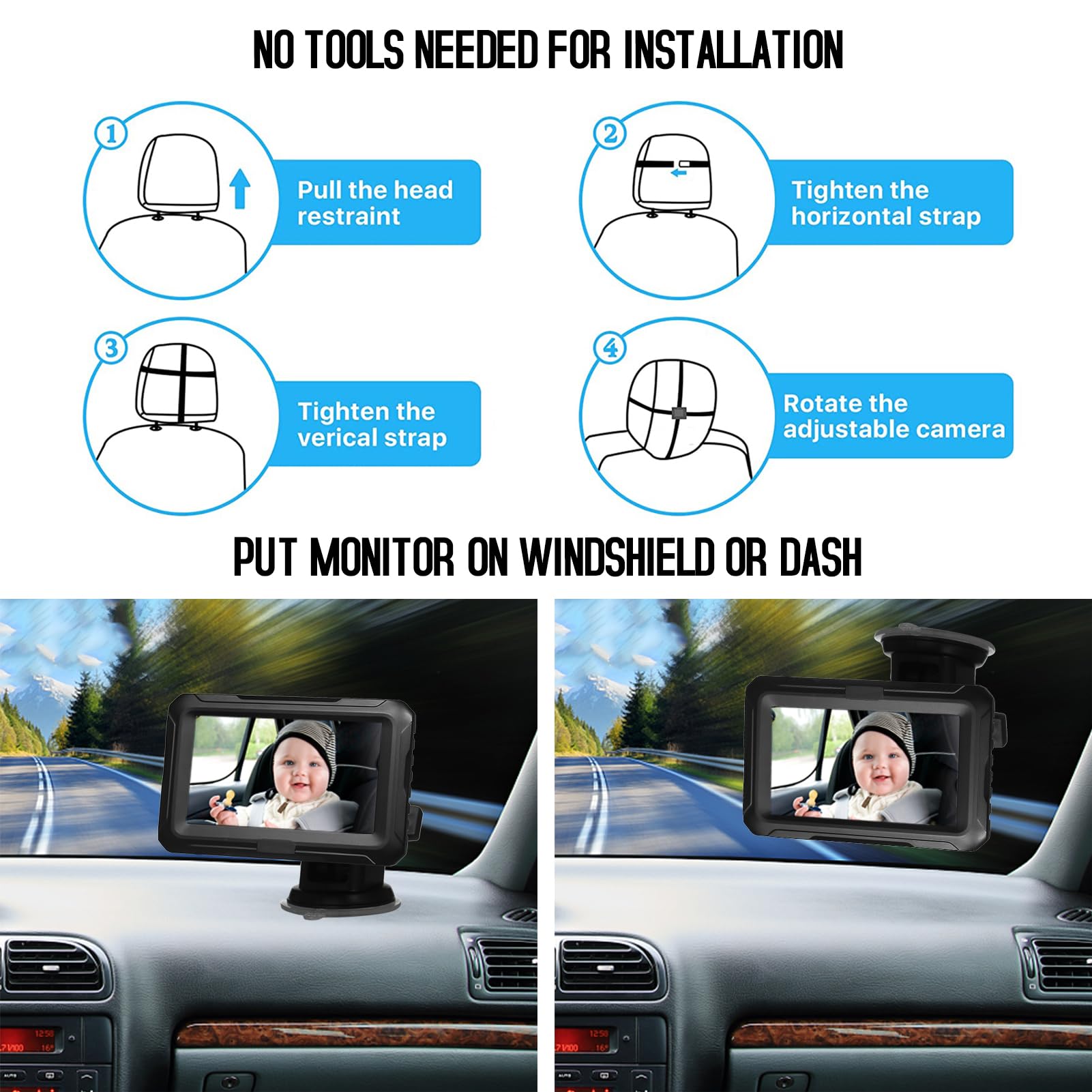 Miroir de voiture pour bébé, moniteur de bébé 1080p avec caméra, miroir de voiture pour bébé avec fonction IPS S n de 10,9 cm, grand angle de vue réglable pour nourrissons, enfants, animaux