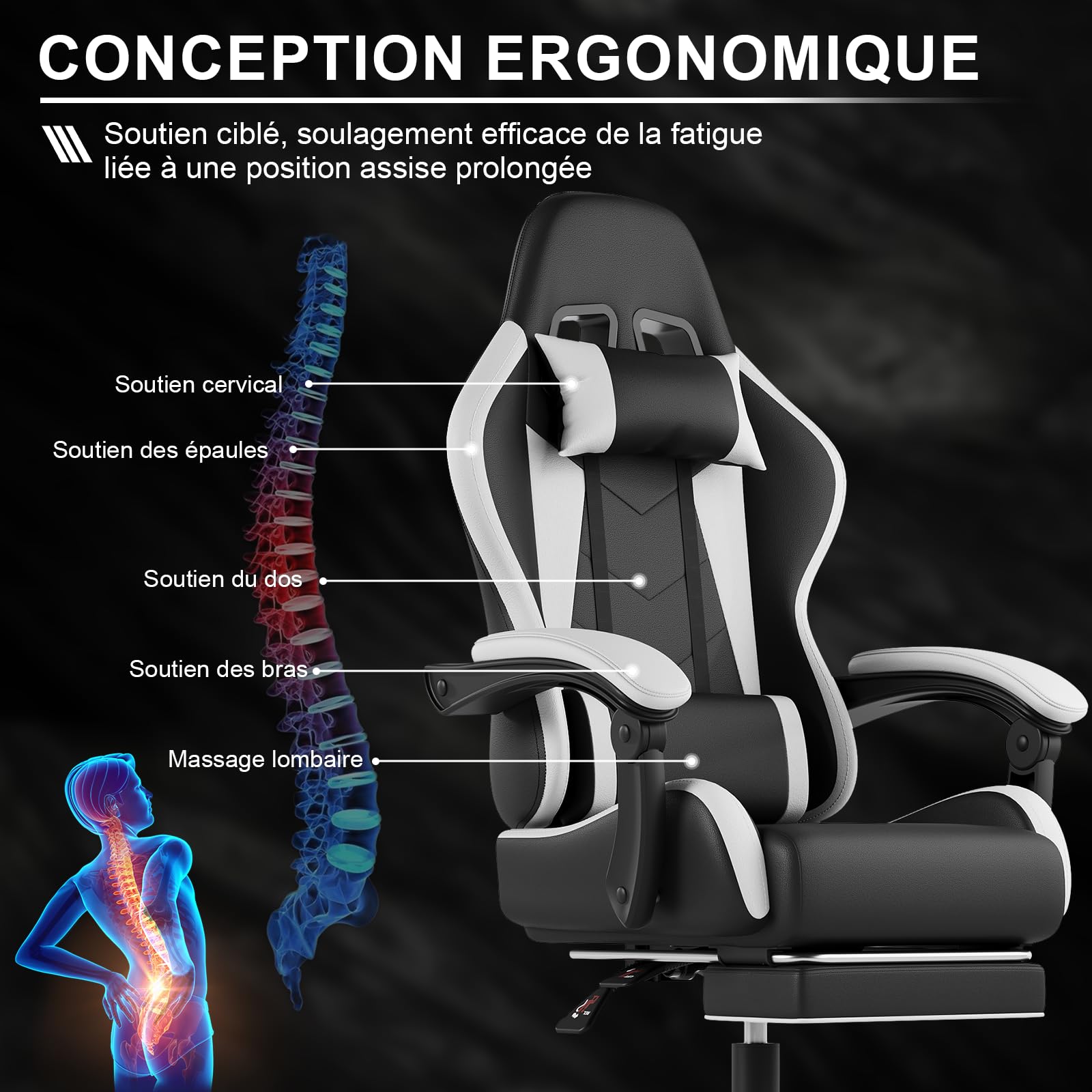 Devoko Chaise Gaming Ergonomique avec Massage Lombaire, Siège Gamer Inclinable 135°, Repose-Pieds, Appui-Tête Réglable, Fauteuil Gaming Adulte en Similicuir, Chaise Bureau Gaming Confortable, Blanc