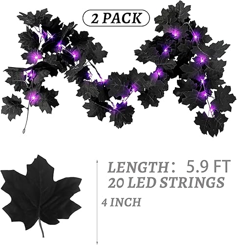 Miniatura 3 de Guirnalda de hojas negras con luces moradas, paquete de 2 enredaderas artificiales colgantes de hojas de otoño con 20 LED, guirnaldas florales de