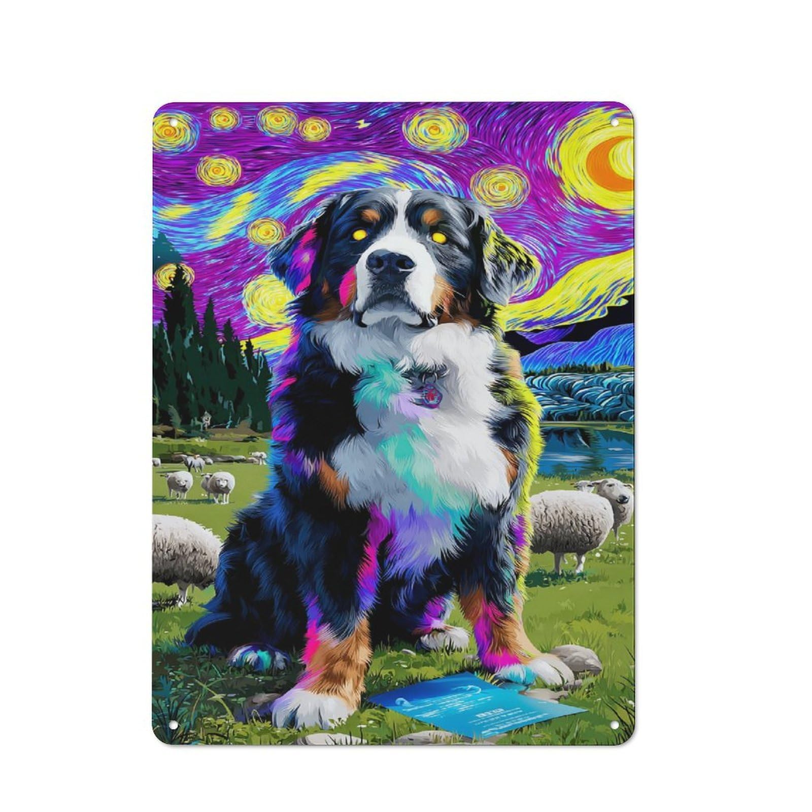 Junmoney Starry Night Dog In Pasture Decorative Tin Plaque With Design 40X30cm, Classic Novelty Wall Art For Flat, Dorm Room, Lounge Or Cafe