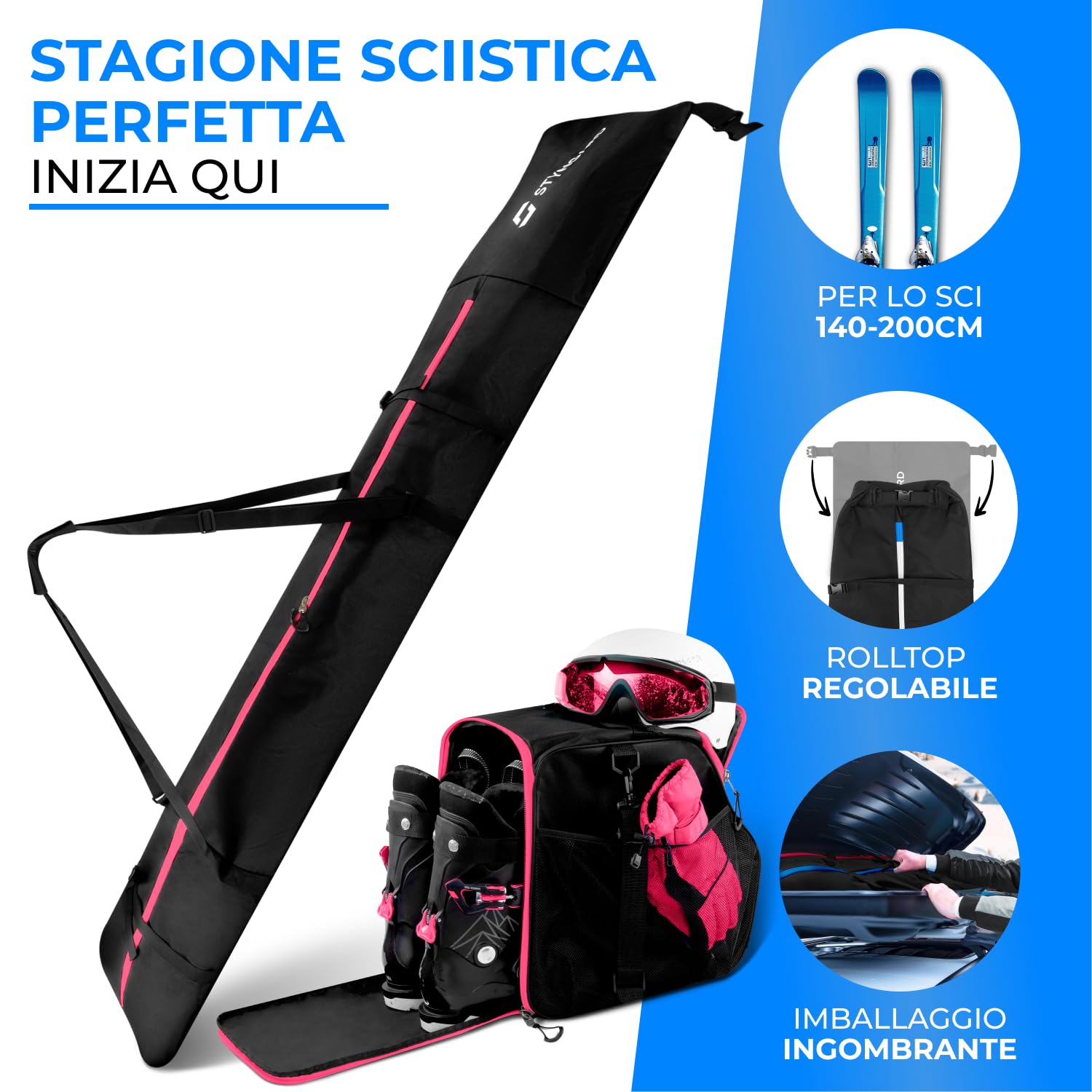 STYNGARD Set sacca sci e scarponi [da 140 cm a 200 cm] borsa porta sci e borsa porta scarponi con scomparto per casco [40 L] con griglia di aerazione Modello Vancouver