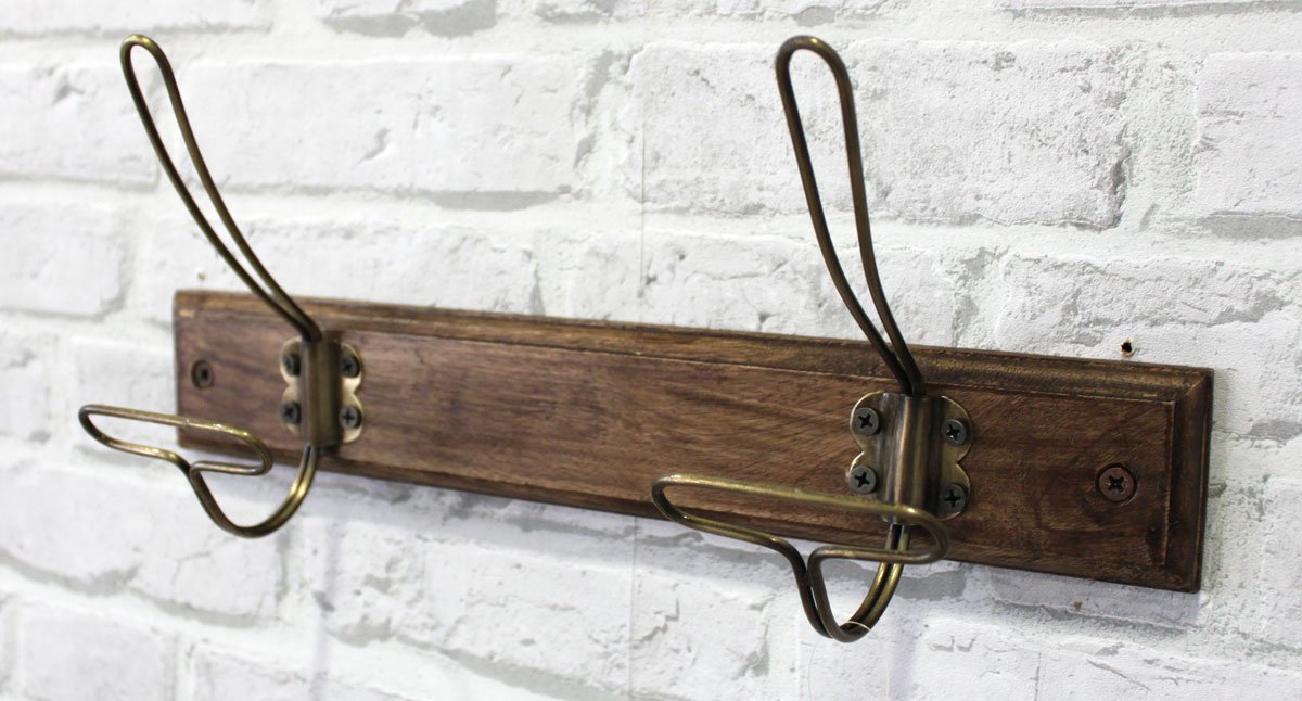Keyhomestore Attaccapanni Da Muro In Ferro E Legno Con 2 Ganci Doppi - 4 Posti, Stile Industrial, Cm 36x16x10 - 4