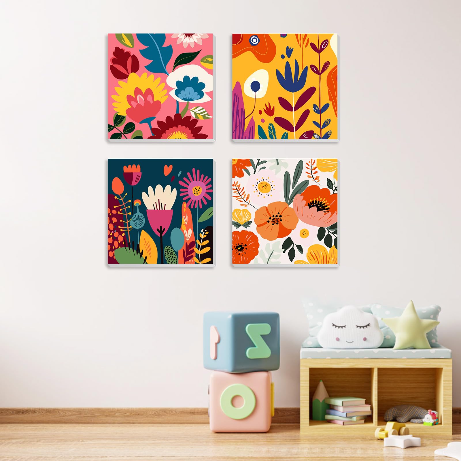 MXJSUA Lot 4 Kits Peinture Par Numéros Pour Enfants – Toiles 20x20 Cm Avec Cadres – Débutants – Décoration Maison