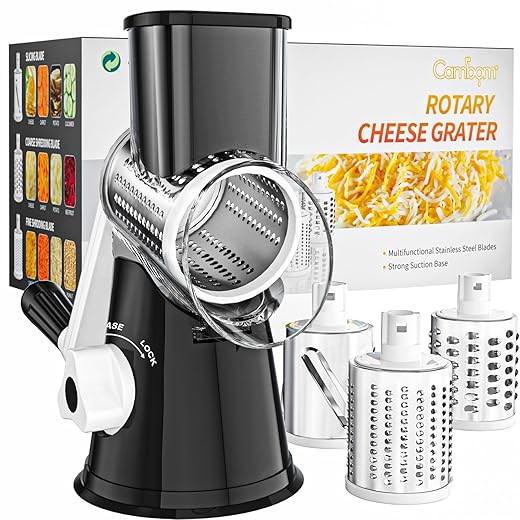 Rotary Cheese Grater Cheese Shredder - Cambom Kitchen Manual Cheese Grater with Handle Vegetable Slicer Nuts Grinder 3 Replaceable Drum Blades and Strong Suction Base Free Cleaning Brush
