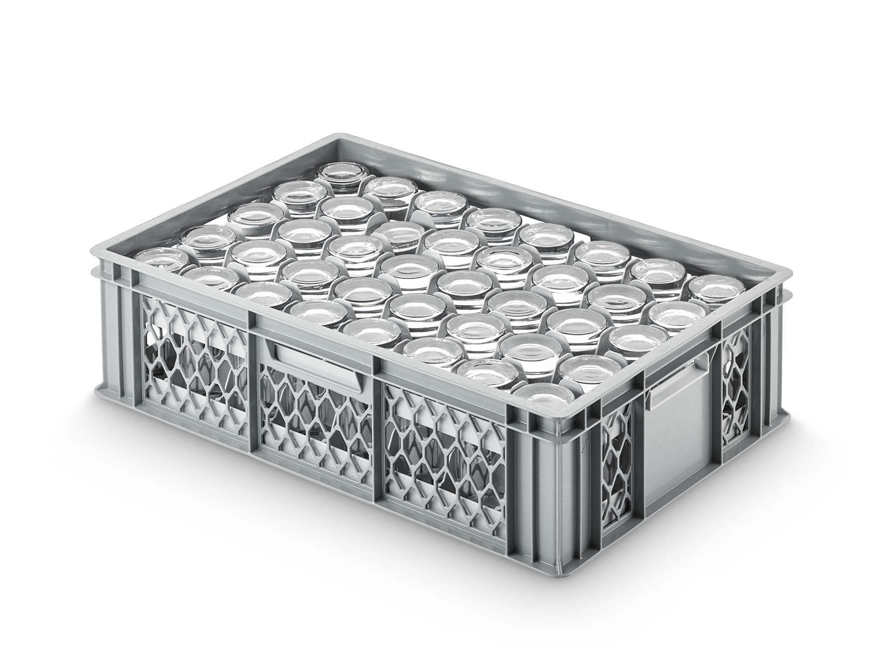 1a-TopStore VE (4 Stk.) Gastronomie Stapelkiste Stapelbox Euro-Maß, 600x400x154 mm (LxBxH), Wände und Boden offen/durchbrochen, mit Grifföffnungen, lebensmittelecht aus HD-PE (grau), perforiert