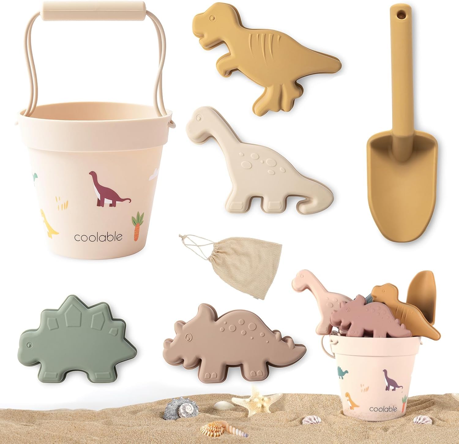 Set Da Spiaggia Dinosauro 36 Pezzi Per Bambini 1-10 Anni, Con Secchi Pieghevoli, Stampini, Palette E Borsa A Rete, Gioco Creativo E Trasporto Facile