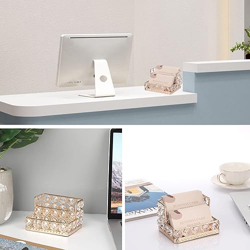Miniatura 4 de Hipiwe Soporte para Tarjetas de Visita de Cristal de 2 Niveles Dorado Espejado Soporte de Exhibición de Tarjetas de Visita Organizador de Escritorio